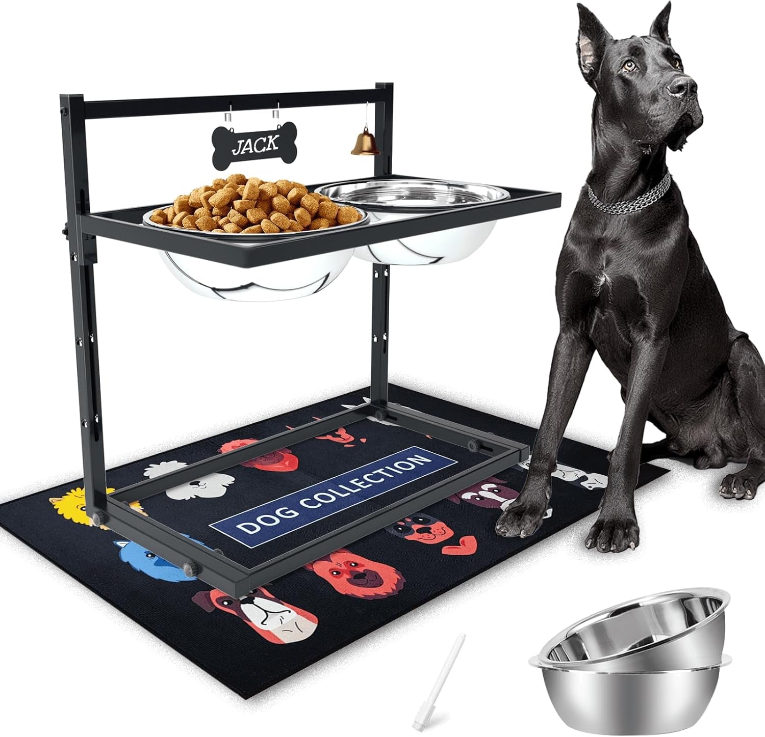 𝐗-𝐋𝐚𝐫𝐠𝐞 Elevated Dog Bowls for Extra Large Dogs with Mat,Raised Dog Bowl Stand for Large Breed Adjusable Height Dog Feeder with Two 3L(𝟏𝟑𝐂𝐔𝐏𝐒) Stainless Steel Dog Food Bowls