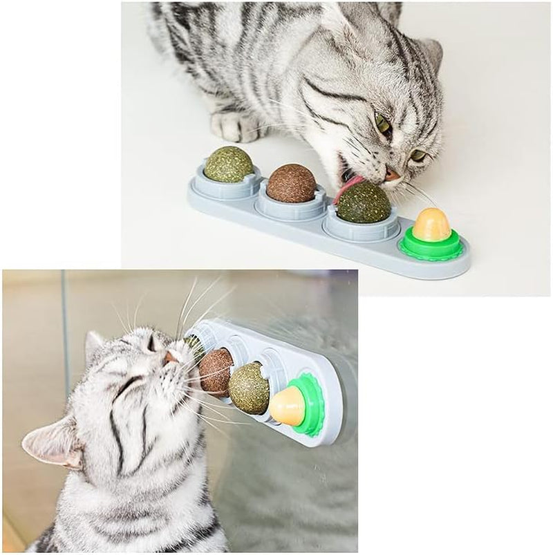 4 In1 Catnip Wall Balls for Cats, Cat Snack Catnip Ball Toys Natural Healthy Kitten Chew Toys Rotatable Indoor Cat Toy for Cat Teeth Cleaning Biting