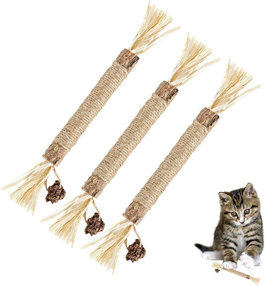 3Pcs Natural Silvervine Sticks, Silvervine Cat Toys Catnip Chew Sticks for Cats Kitten Teething Toys Cat Teeth Cleaning Toy