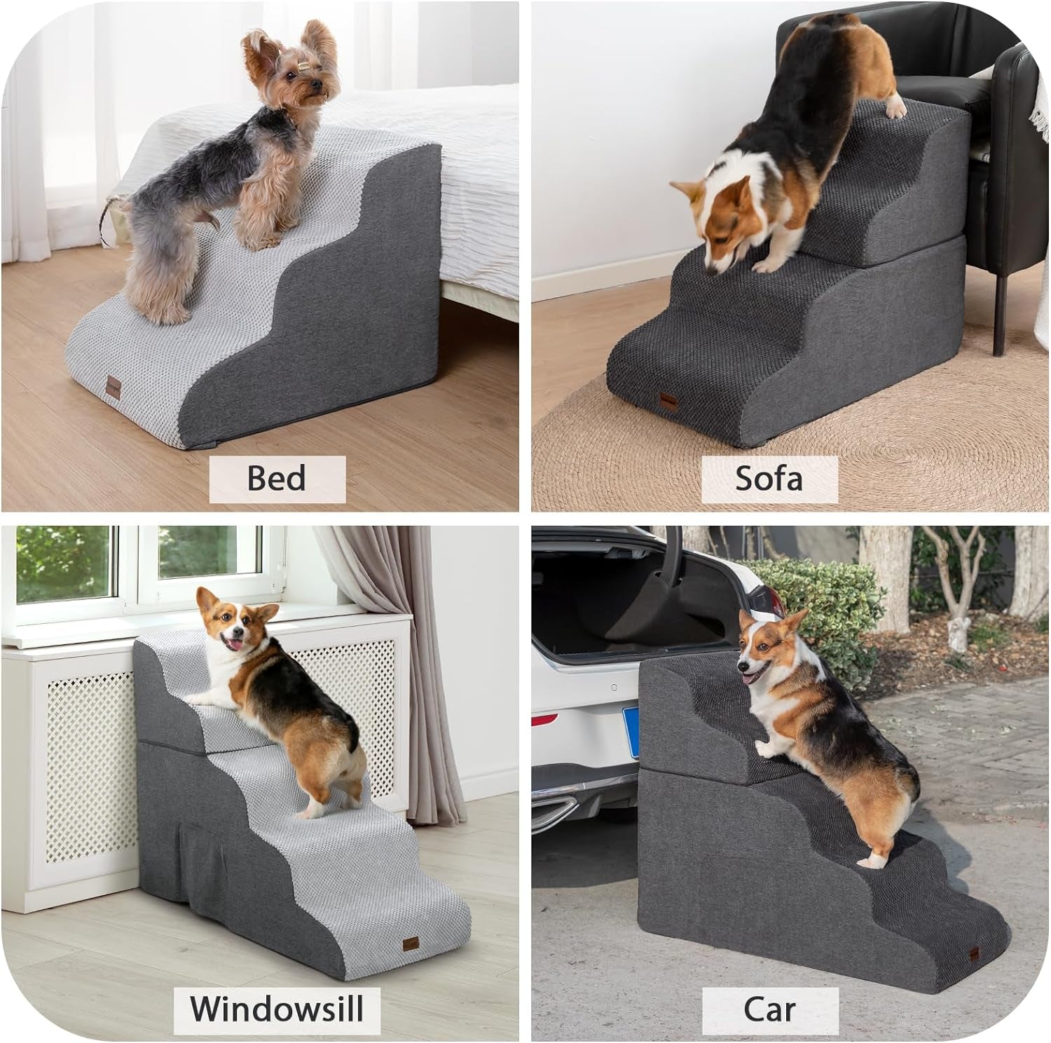 Dog Stairs for High Beds, 4-Step Dog Steps for Small Dogs and Cats, Foldable Pet Stairs for High Bed Climbing, Non-Slip Balanced Pet Step Indoor, Light Grey