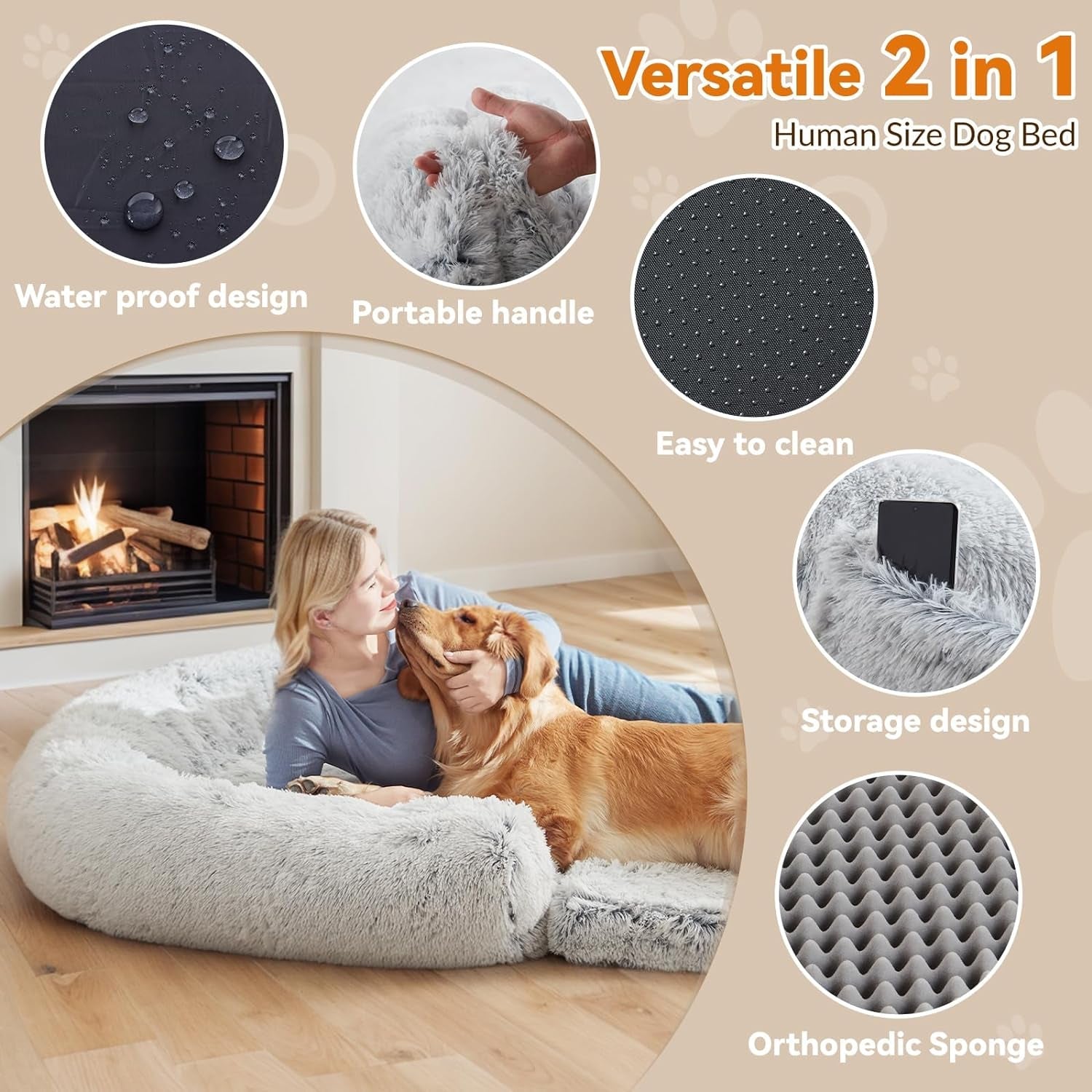 2 in 1 Foldable Large Human Dog Bed Luxury Fur Human Size Dog Bed for People,Waterproof Washable Giant Dog Bed Adjustable Fits Pet Families with Orthopedic Foam Supportive Dog Sofa