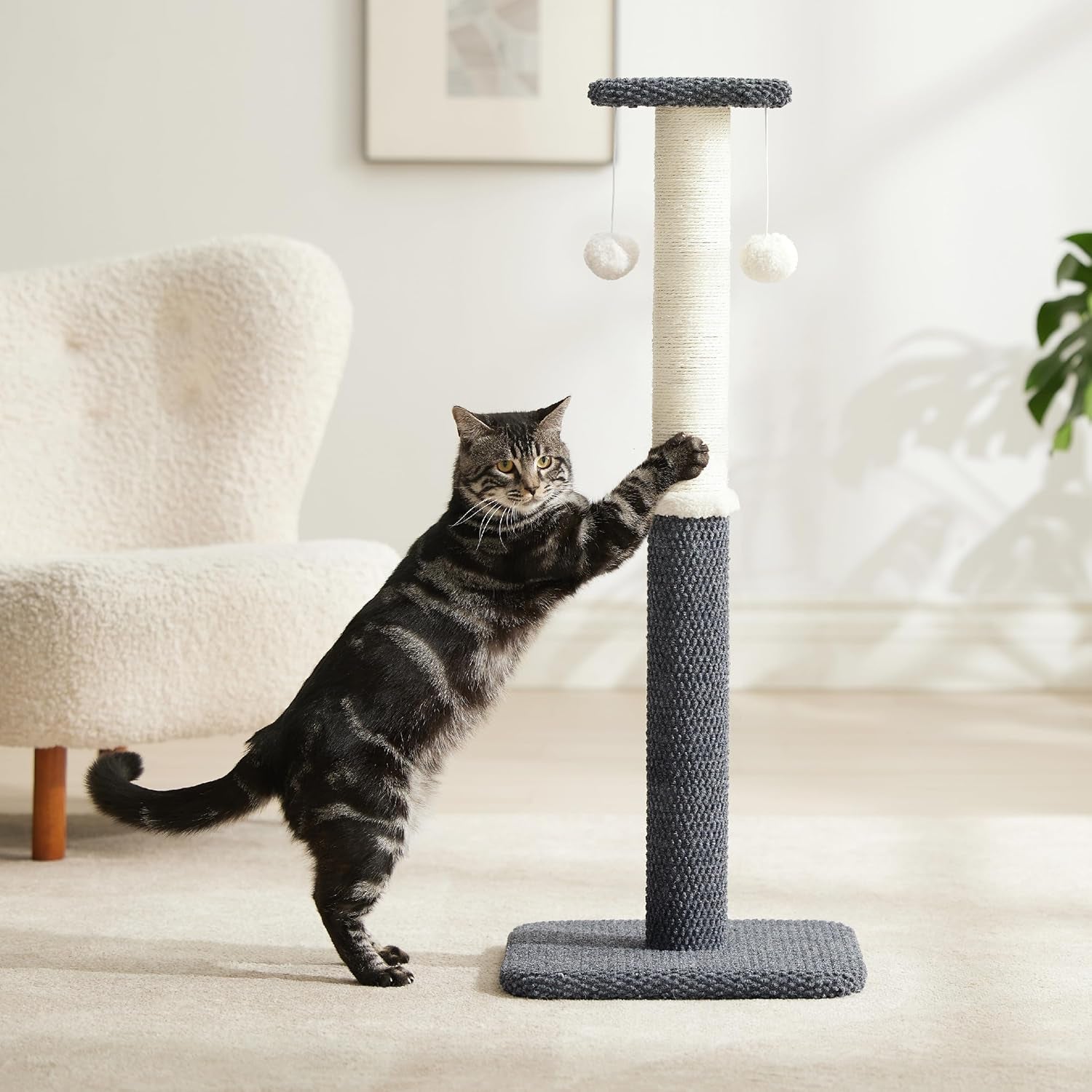 Lesure 34" Tall Cat Scratching Post - Highly Resistant Carpet Scratch Post, Premium Sisal Rope Scratch Posts Kitten and Adult Cats, Sturdy Large Scratch Pole with Hanging Ball, Grey