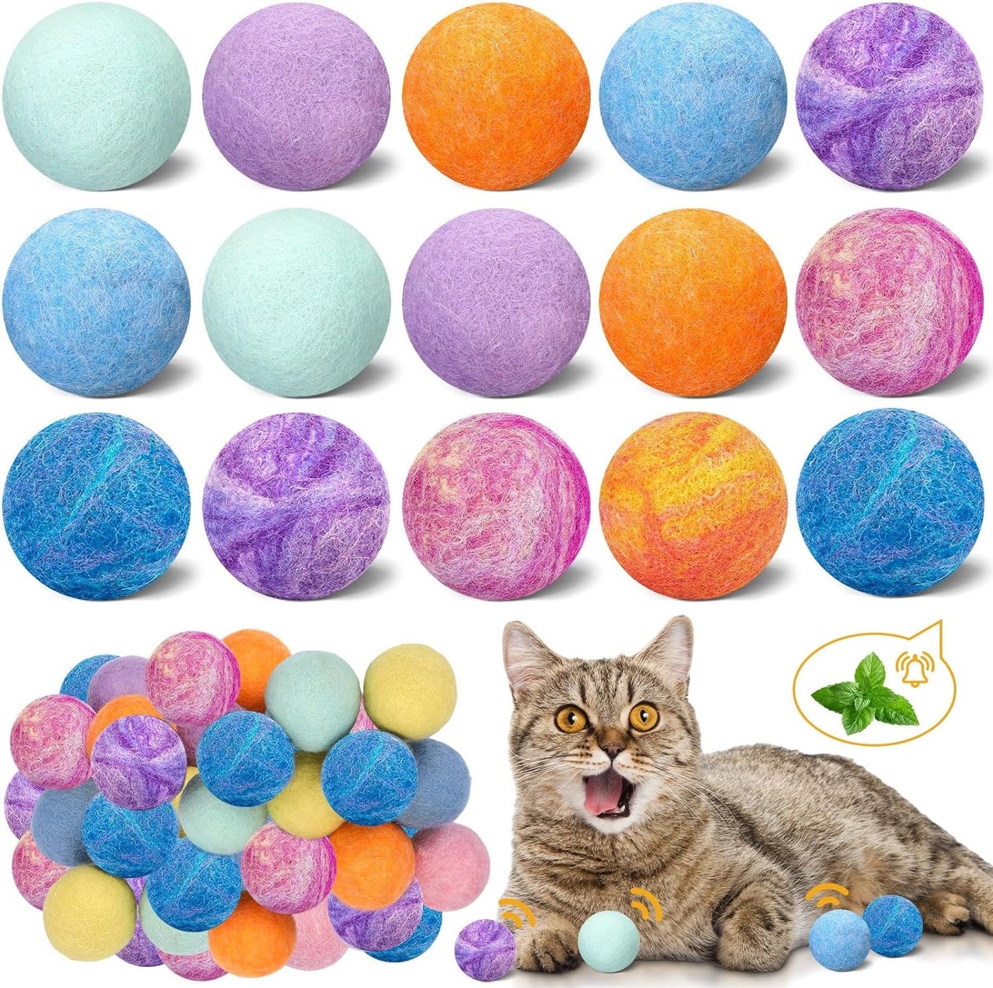 16 Pack Woolen Yarn Cat Ball Toy with Bell inside Cat Toys Balls Bulk Cat Toys for Indoor Cats Interactive Colorful Cat Chew Toys for Kitty Kitten Hand Knitted Rainbow Cat Toys Balls Pet Gift