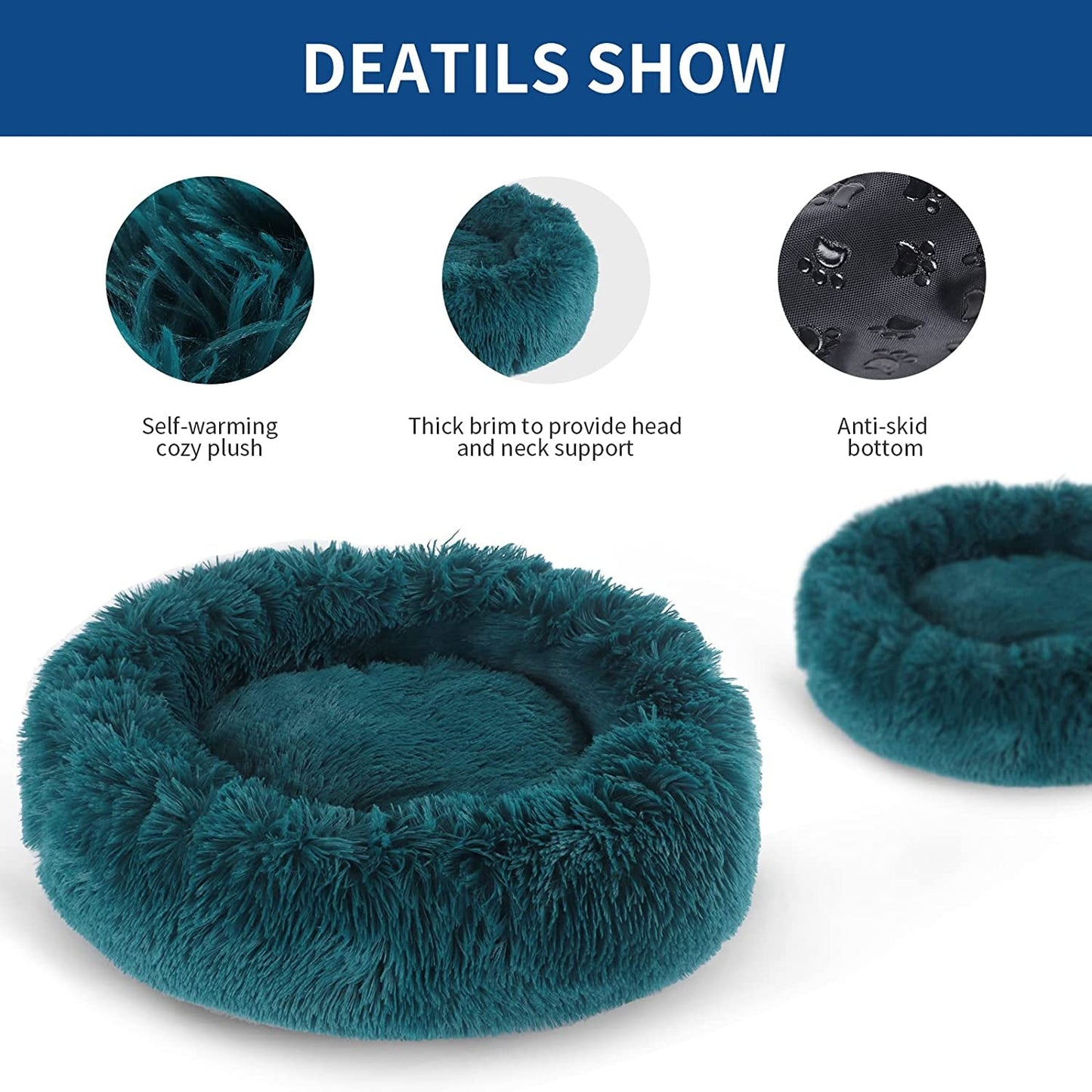 BVAGSS Small Dog Bed,Anti-Anxiety Donut Cuddler Cozy Soft round Bed,Calming Plush Washable round Fluffy Pet Cushion Bed for Puppy & Kitten MW002 (20 Inch, Cyan)