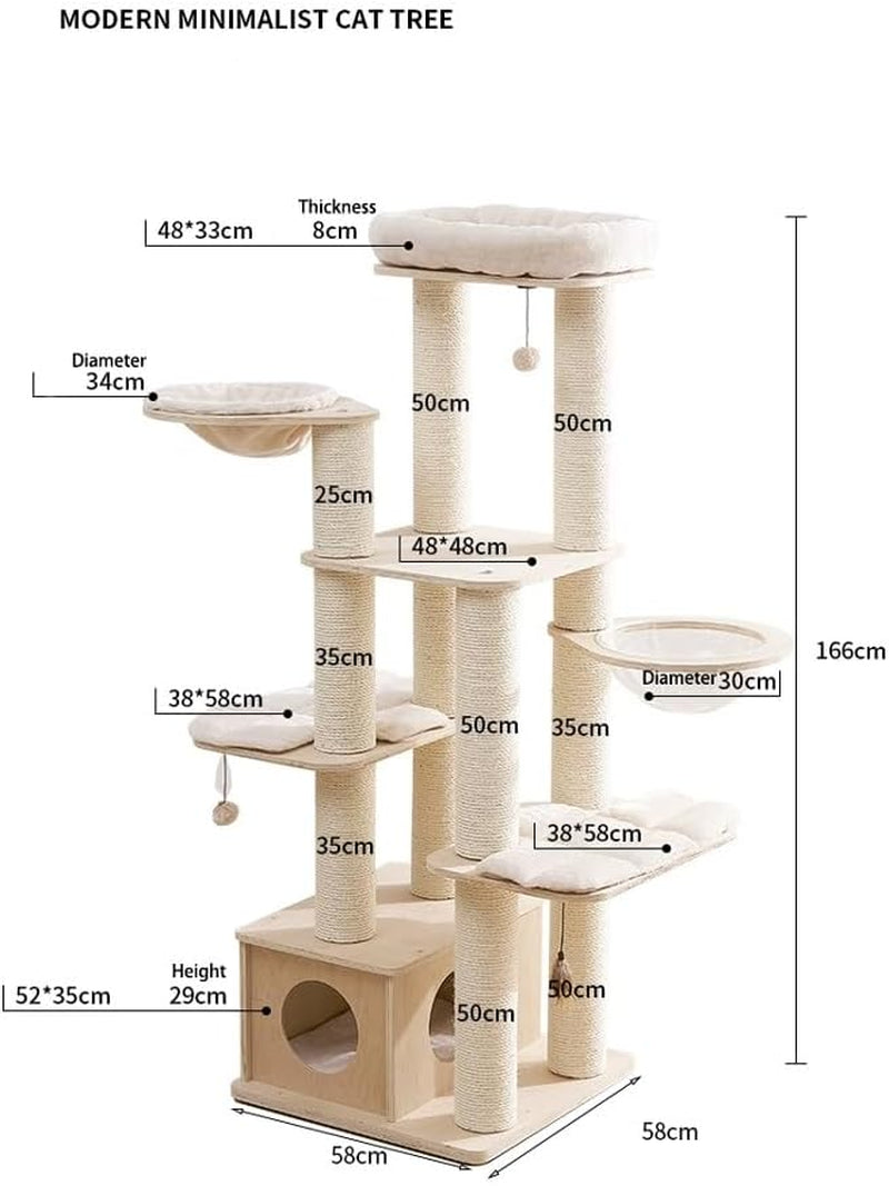 Modern Wood Cat Tree with Interactive Toys Hanging Ball, 65-Inch Cat Tower with Multi-Layer Platform & Condo, Tall Cat Tree with Sisal Rope Scratching Posts, Cat Condo Furniture W/Washable Plush Cushi