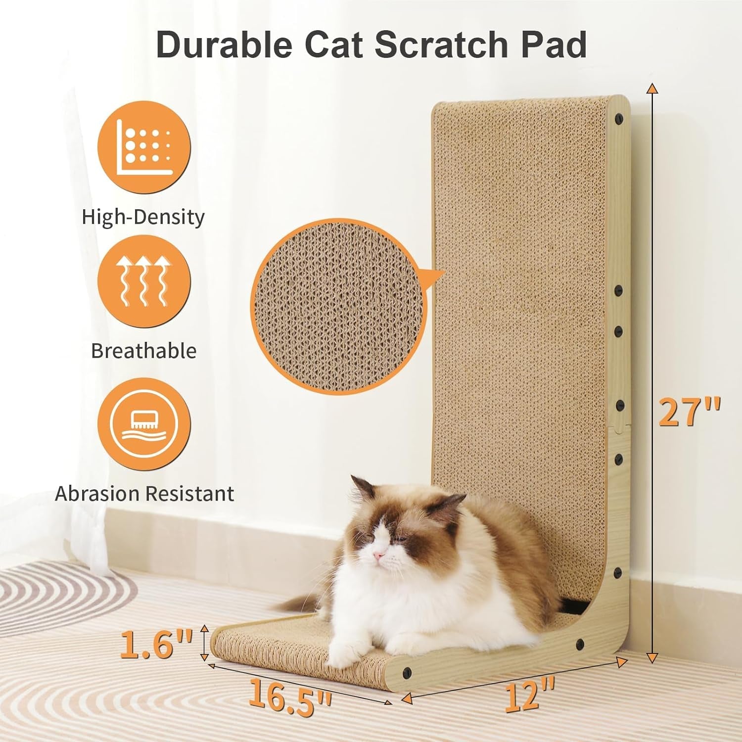 L-Shape Cat Scratcher, 27 Inch Cat Scratching Pad,Cute Cat Cardboard Scratcher for Indoor Cats, Protecting Furniture Vertical Kitty Scratch Lounge with Ball Toy Large