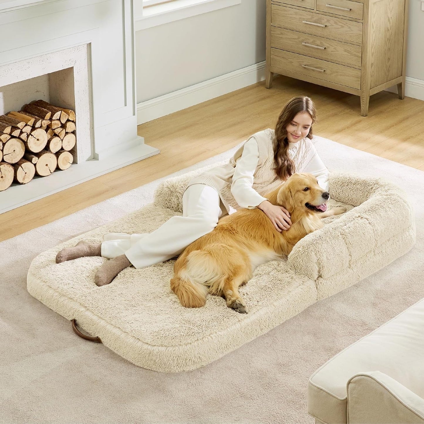 Bedsure Foldable Human Dog Bed for People Adults, 2 in 1 Calming Human Size Giant Dog Bed Fits Pet Families with Egg Foam Supportive Mat and Waterproof Liner, Faux Fur Orthopedic Dog Sofa, Camel