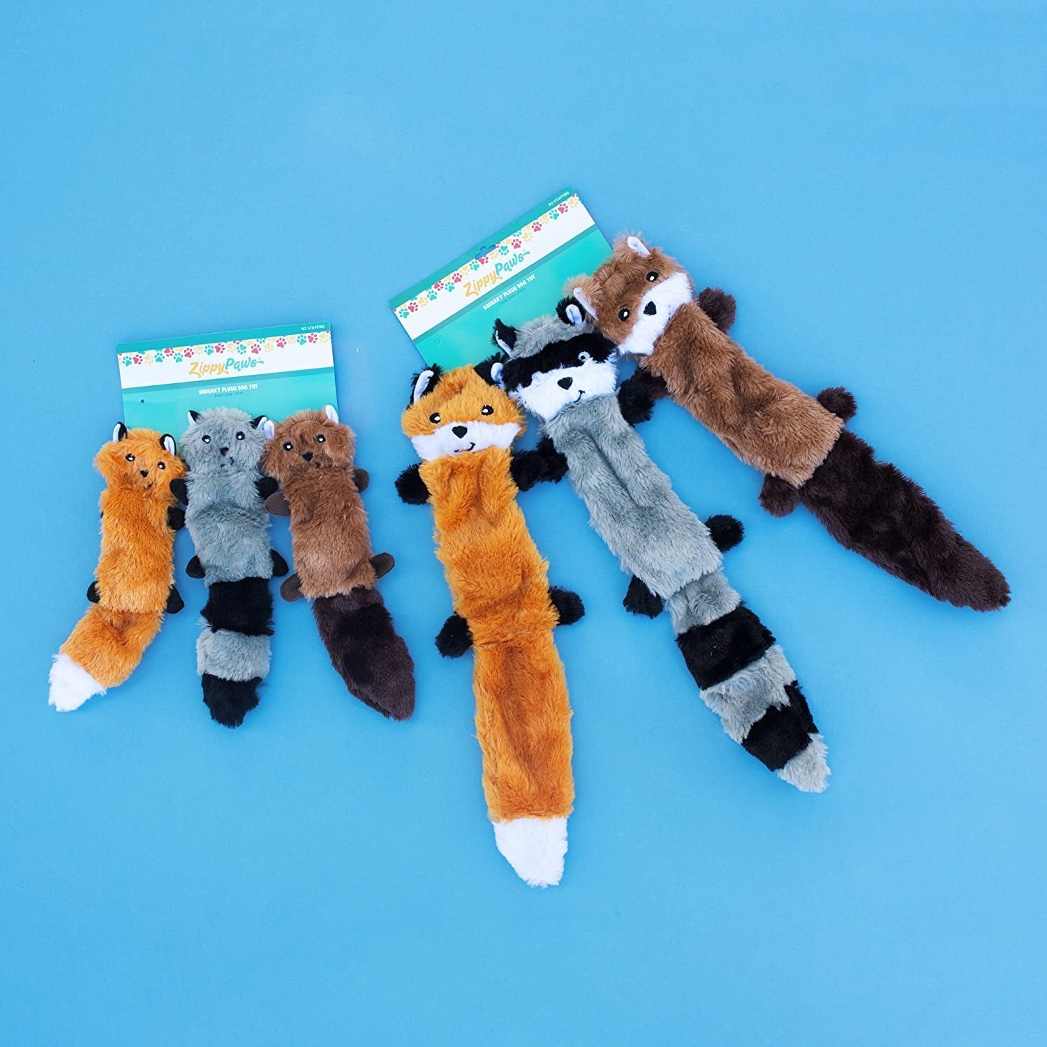 Zippypaws Skinny Peltz - Fox, Raccoon, & Squirrel - No Stuffing Squeaky Dog Toys, Unstuffed Chew Toy for Small & Medium Breeds, Bulk Multi-Pack of 3 Soft Plush Toys, Flat No Stuffing Puppy Toys - 11"