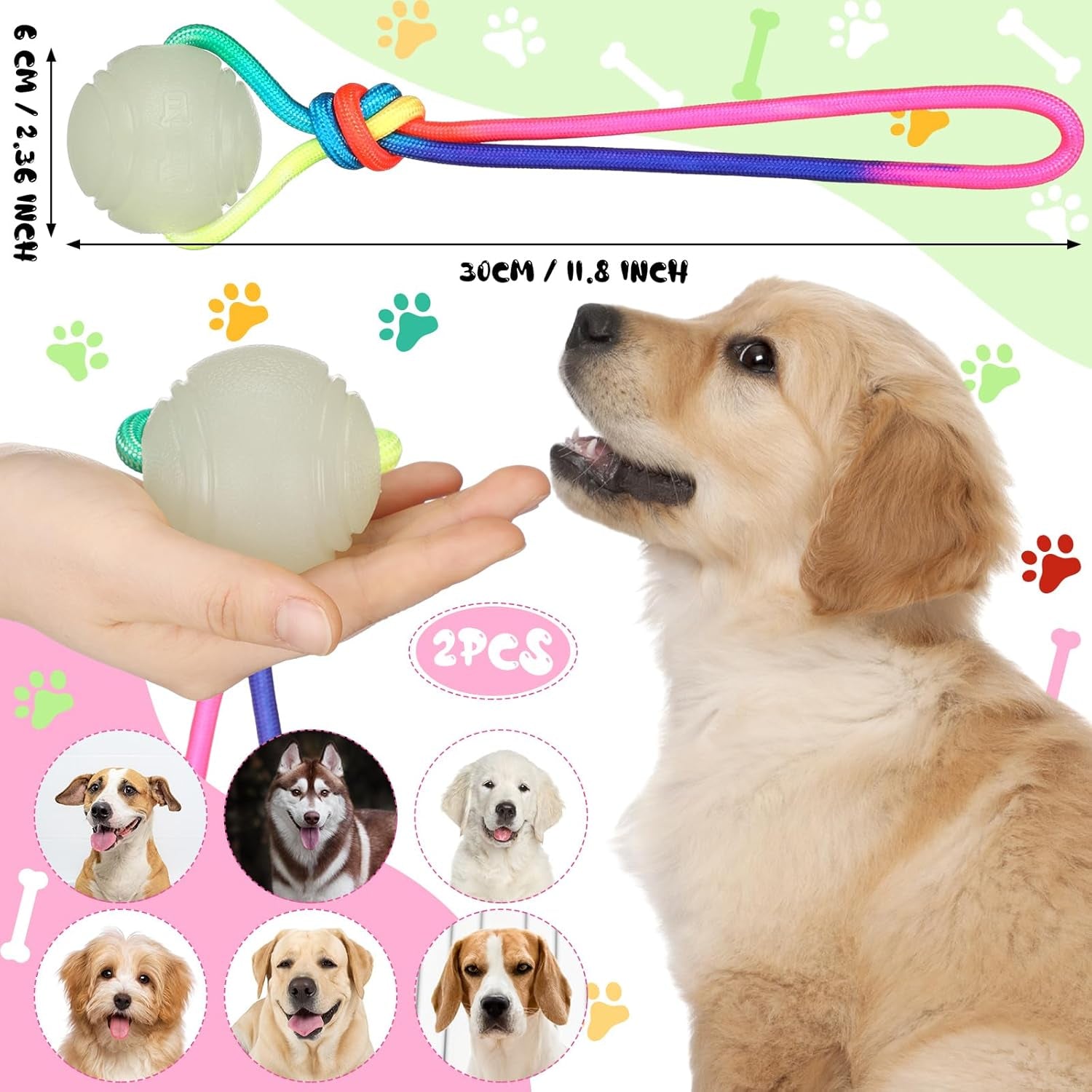 2 Pcs Dog Training Ball on Rope Glow in the Dark Dog Ball 2.36 Inch Dog Rope Toys with 12 Inch Rope for Small Large Medium Dogs Glowing Interactive Dog Pull Reward Fetch Exercise Ball Toy