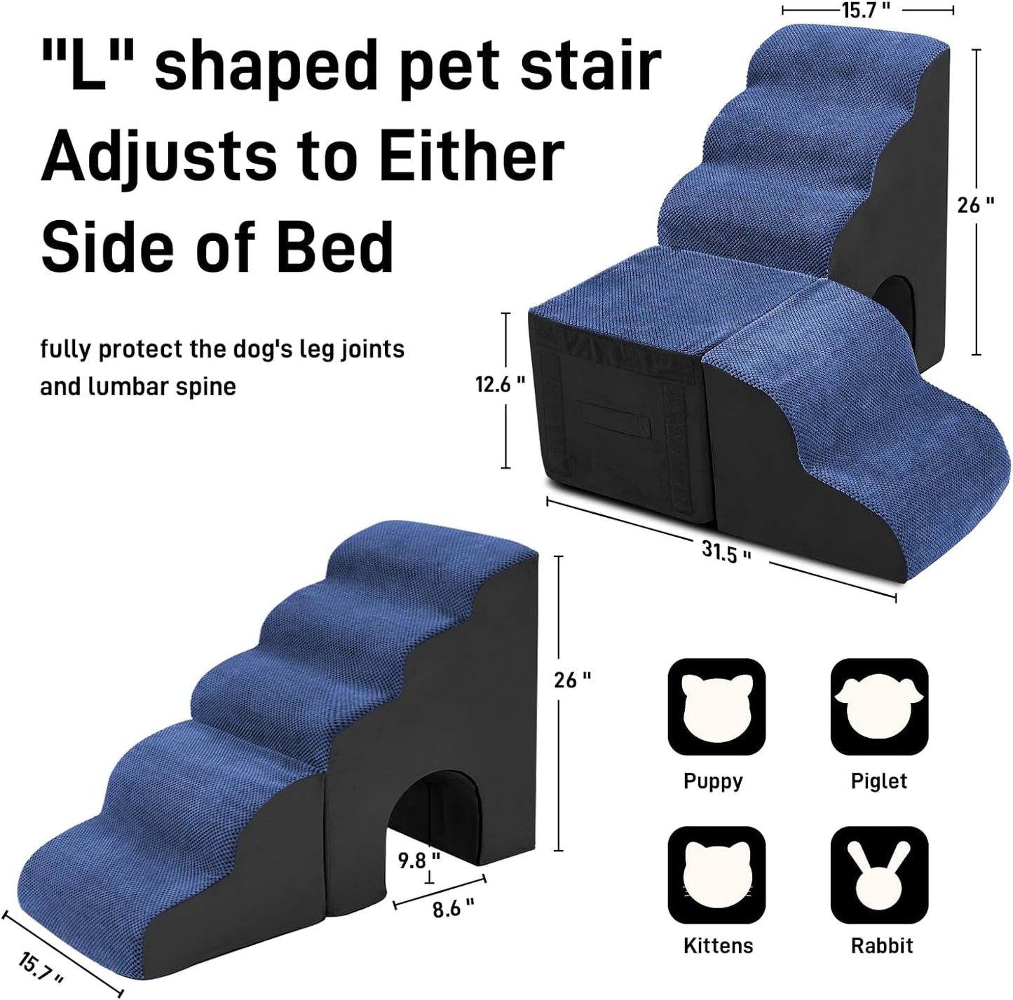 26" Dog Stairs for High Beds, Multifunctional L Shaped Pet Stairs, Adjusts to Either Side of Bed, Pet Steps/Ramp for Puppies, Old Pets and Injured Dogs, Non-Slip Balanced Dog Indoor Step