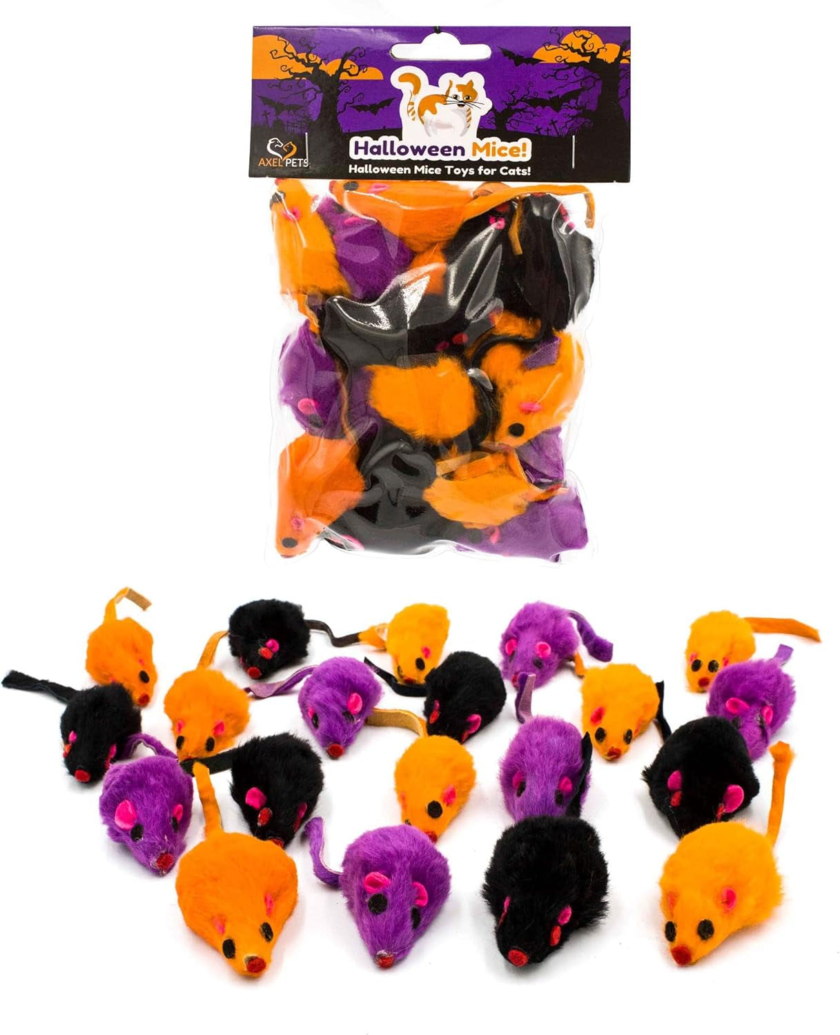 20 Halloween Colorful Furry Mice Cat Toys with Catnip and Rattle Sound Made of Real Rabbit Fur, Interactive Catch Play Teaser Mouse Toy for Cats and Kittens. Pack of 20 Mice