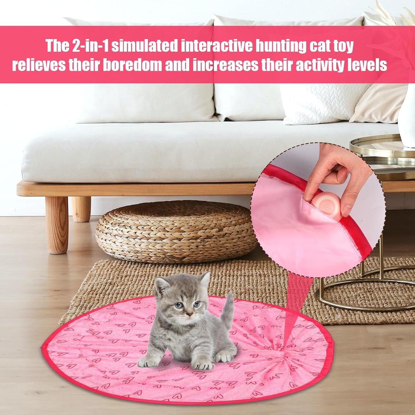 2Pcs Interactive Cat Toy Ball under Mat, 2 in 1 Automatic Guitar Cat Game Pink Kitten Exercise Toy Cover Interesting Birthday Gift for Indoor Playing Hunting Kitty Hide and Seek