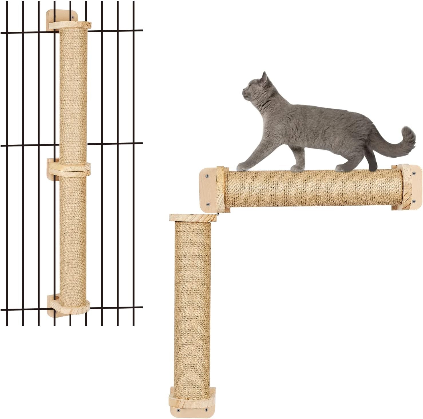 2 Tier Cat Wall Wood Sisal Scratching Post for Indoor - 37 Inch Tall- Vertical or Horizontal Wall Mounted Cat Scratcher, Cat Scratching Board, Cat Activity Trees Cat Wall Furniture Shelves