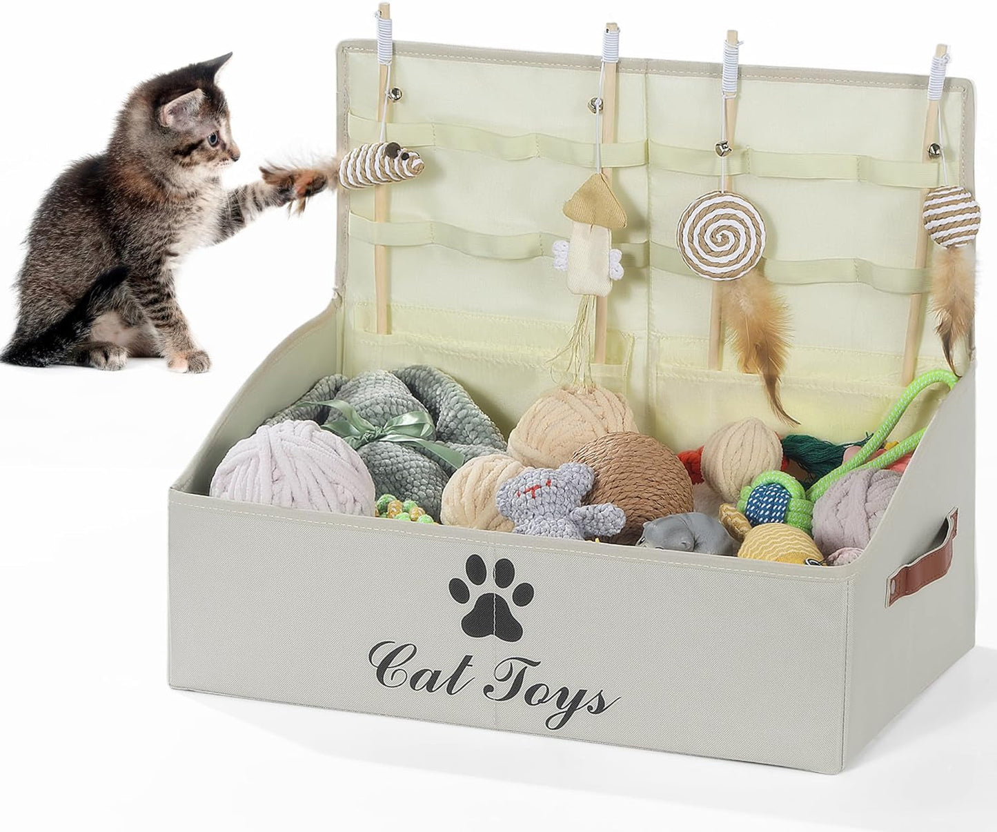 2 in 1 Large Cat Toy Organizer with Lid, Collapsible Durable Cat Feather Toy Storage Bin with Handle,Pet Toy Storage Box for Organizing Cat Toys and Accessories