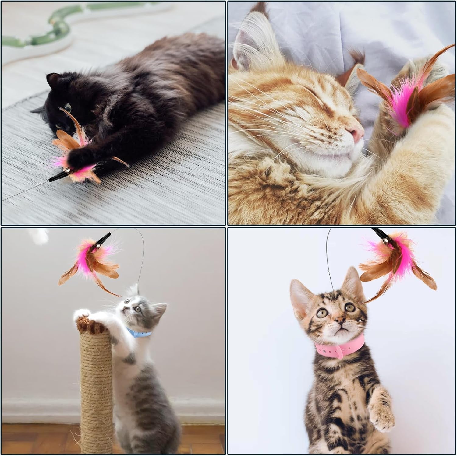 2Pcs Cat Collar Toy Attached, Silicone Cat Teasing Wand Adjustable Cat Feather Collar Toys with Bell Cat Interactive Teaser Toys for Indoor Cat Playing Training (Pink, Blue)