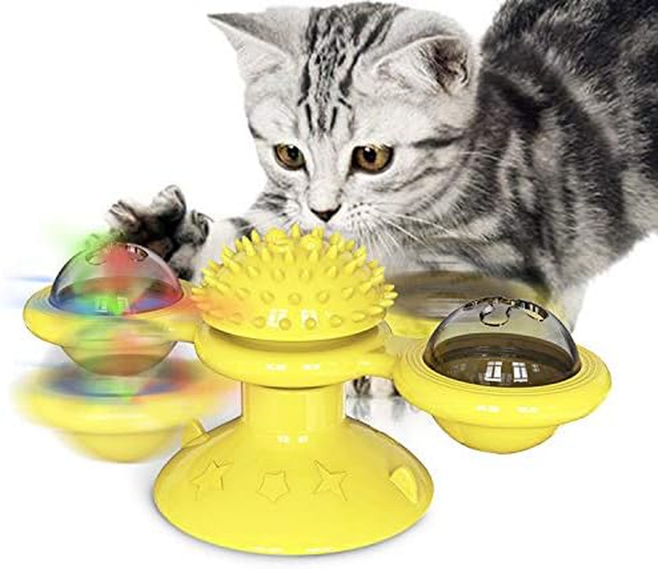 Kitty Windmill Toy Ruffle Light up Rotating Scratching Cat Turntable Toy (Red Blue)