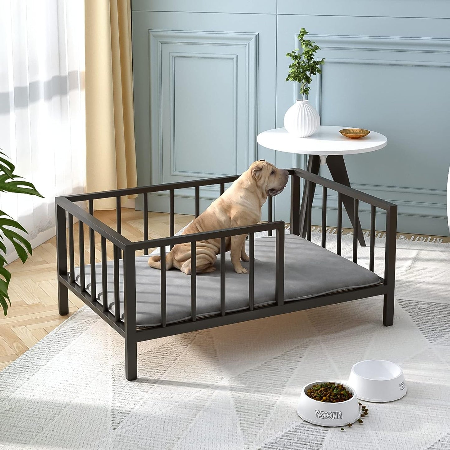 Dog Bed with Rails - Elevated Pet Metal Bed Frame with Solid Wood Board and Washable Soft Mat for Large Dog Indoor or Outdoor Use, 31.1" X 47.6", Black