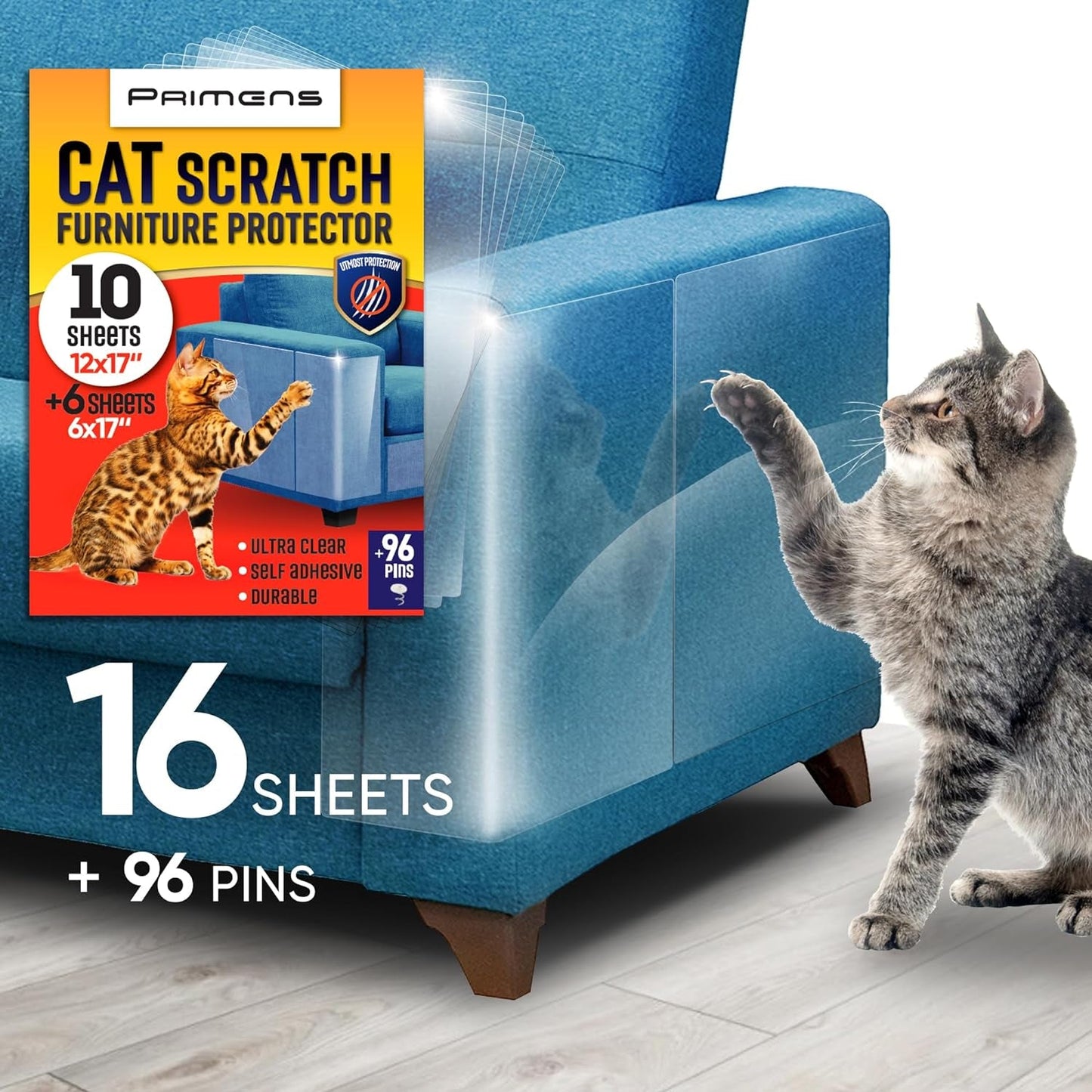 Heavy Duty Cat Scratch Deterrent Furniture Protectors for Sofa, Doors, Clear Couch Protectors from Cats Scratching, anti Cat Scratch Tape Guards (Transparent, 10 Sheets 17X12)