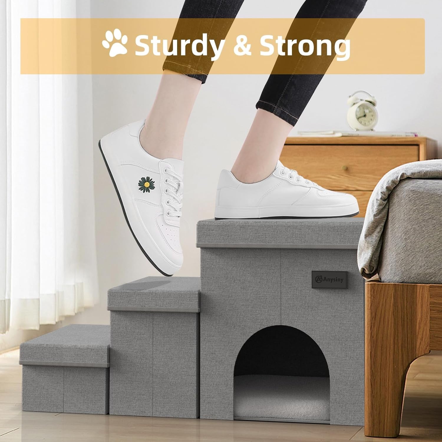 Dog Stairs-3 Steps Folding Pet Stairs with Storage Dog Steps for Bed or Couch for Small Medium or Large Dogs,Holding up to 100 Lbs Pets