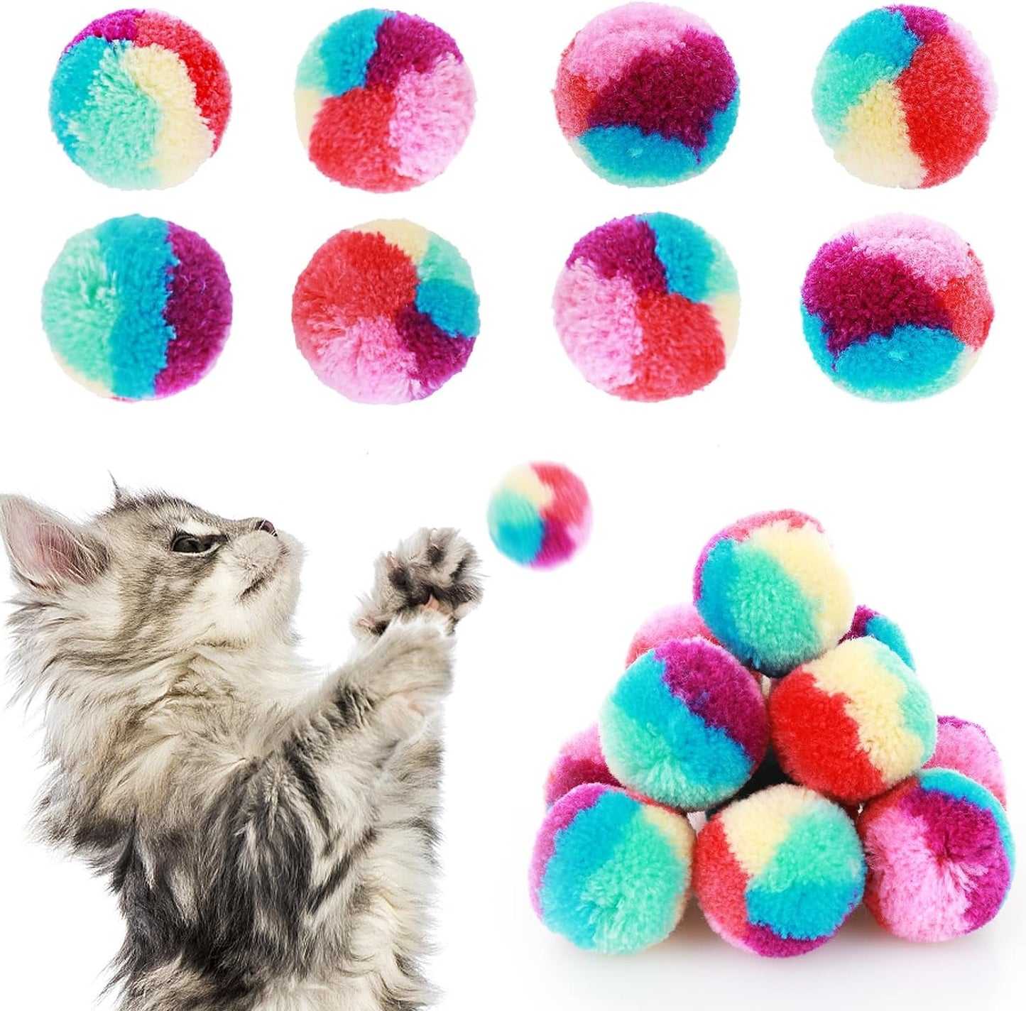 1.2 in Colorful Cat Pom Pom Ball Toys, 20 Pcs Rainbow Cat Toy Balls Soft Plush Cat Ball Interactive Toy Training Ball Toy for Indoor Cats Kitten Exercising Playing