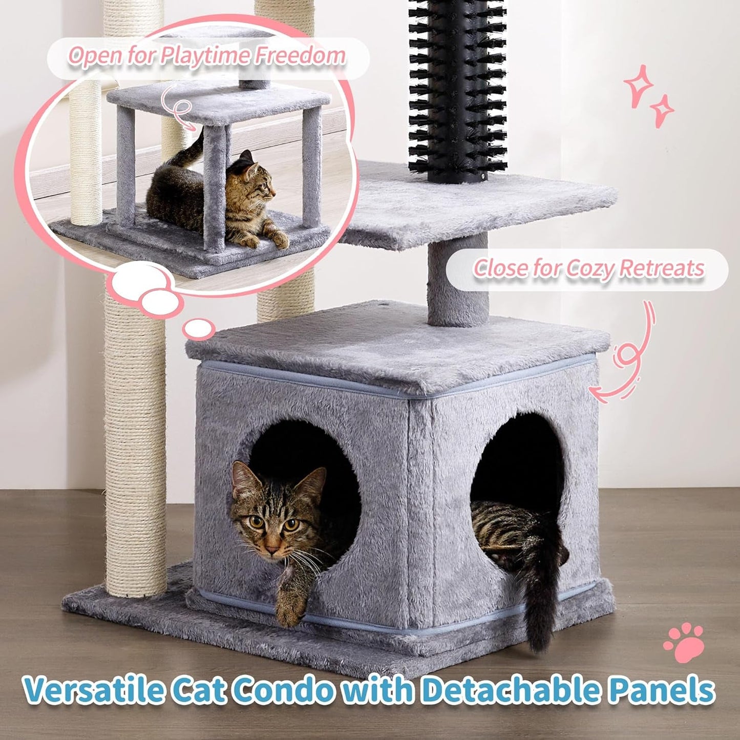 Made4Pets Cat Tree, 52.4" Tall Cat Tower for Indoor Cats, Multi-Level Large Cat Condo with Scratching Posts and Pompoms, Plush Kitten Climbing Tower with Cat Grooming Brush and Perch, Grey