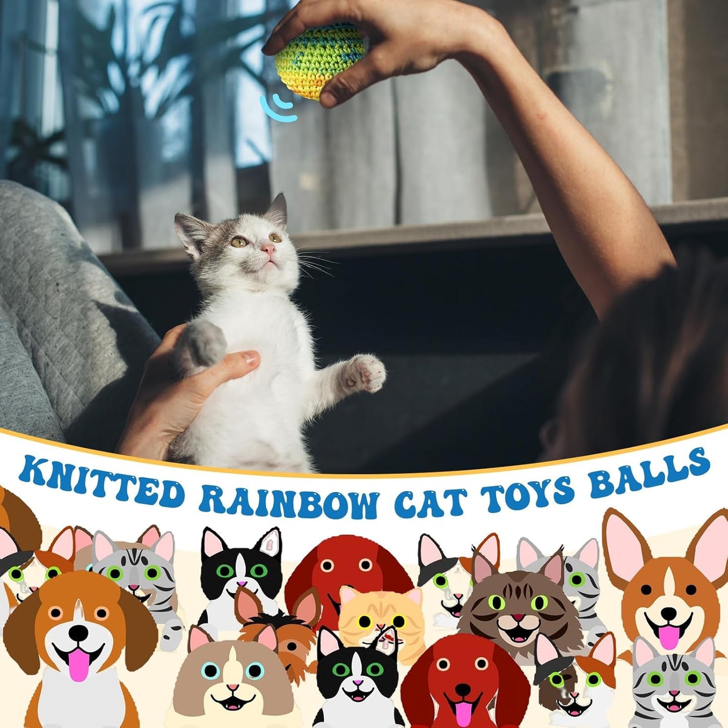 16 Pack Woolen Yarn Cat Ball Toy with Bell inside Cat Toys Balls Bulk Cat Toys for Indoor Cats Interactive Colorful Cat Chew Toys for Kitty Kitten Hand Knitted Rainbow Cat Toys Balls Pet Gift