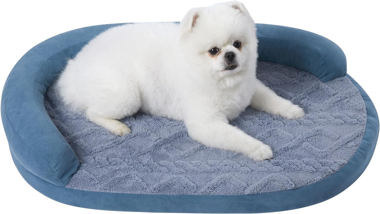 Jiupety Dog Bed with Egg-Crate Foam, Waterproof Dog Bed with Half Oval Pillow, Easy to Enter and Exit, Excellent Cloth, High-Gain Egg-Crate Sponge, Luxury, Waterproof, Soft and Comfy (Blue)