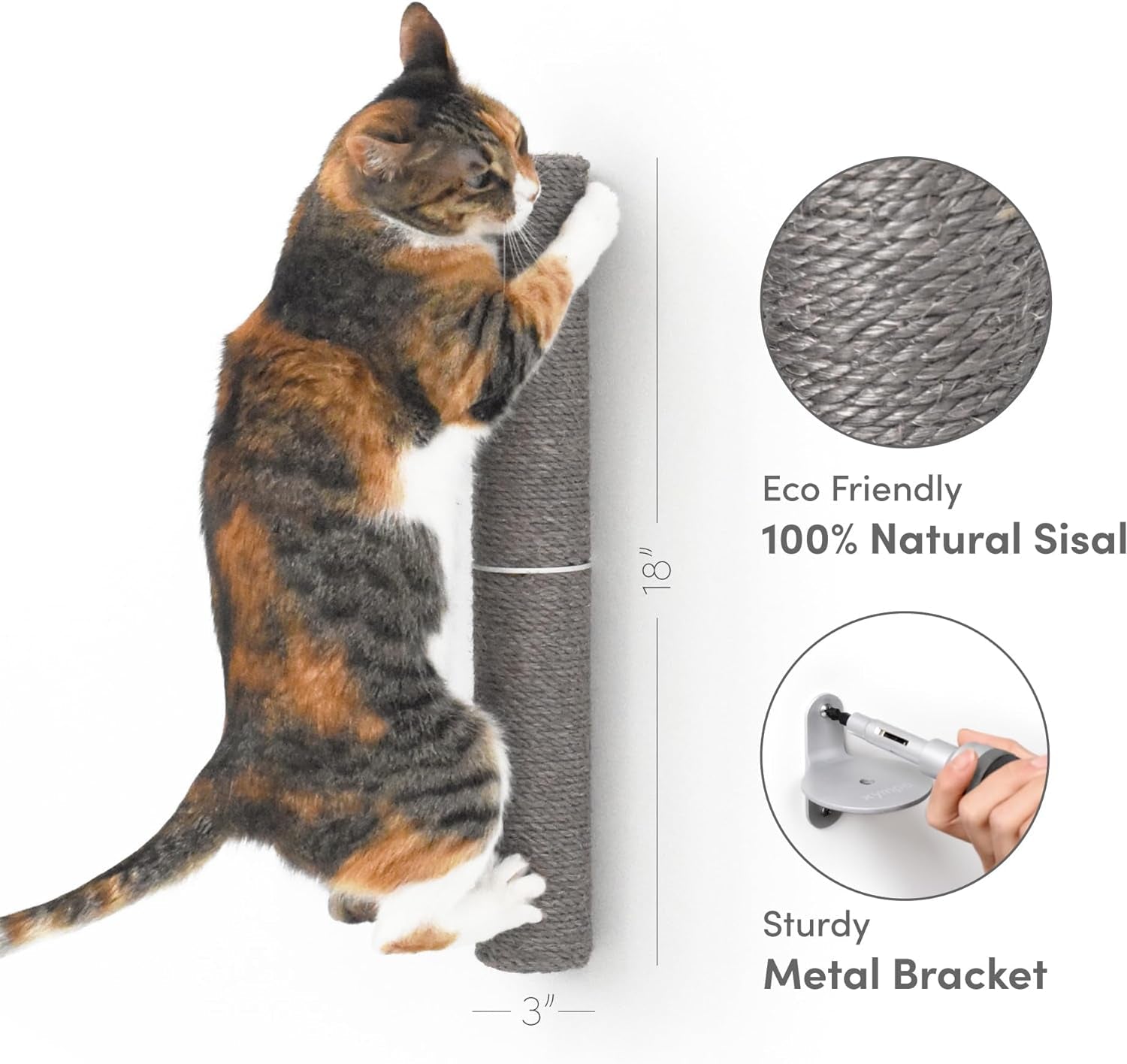 18" Compact Wall Mounted Cat Scratcher, Sisal Scratching Post - Grey