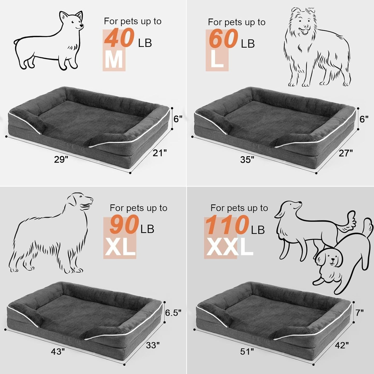 Dog Beds for Large Dogs, Washable Large Dog Bed, Dog Couch Bed for Comfortable Sleep, Orthopedic Egg Foam Bolster Dog Bed with Removable Washable Cover and Nonskid Bottom Couch, Pet Bed