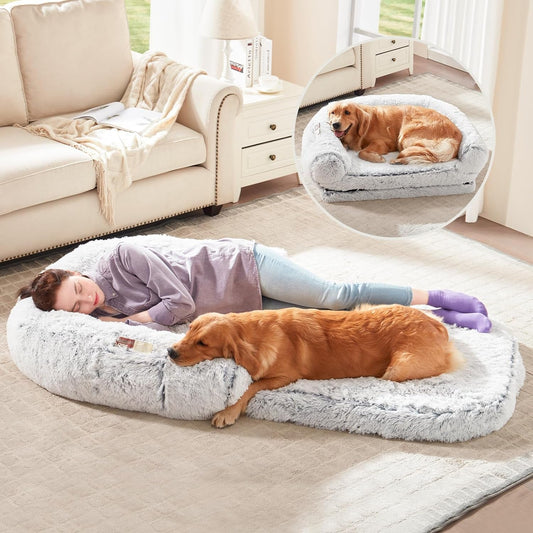 2 in 1 Foldable Large Human Dog Bed Luxury Fur Human Size Dog Bed for People,Waterproof Washable Giant Dog Bed Adjustable Fits Pet Families with Orthopedic Foam Supportive Dog Sofa