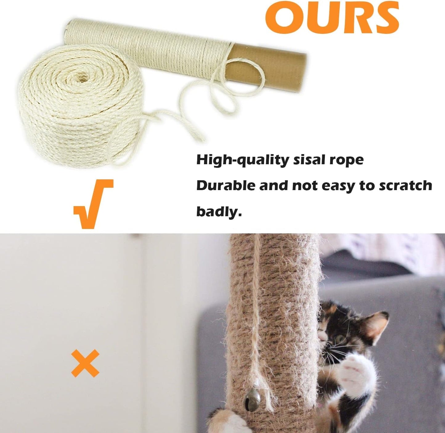 Natural Sisal White Rope for Cat Scratcher Scratching Post Replacement 1/4 Inch Cat Tree Sisal Rope for Repairing, Recovering or DIY Cat Scratcher 50/100 / 164 Feet