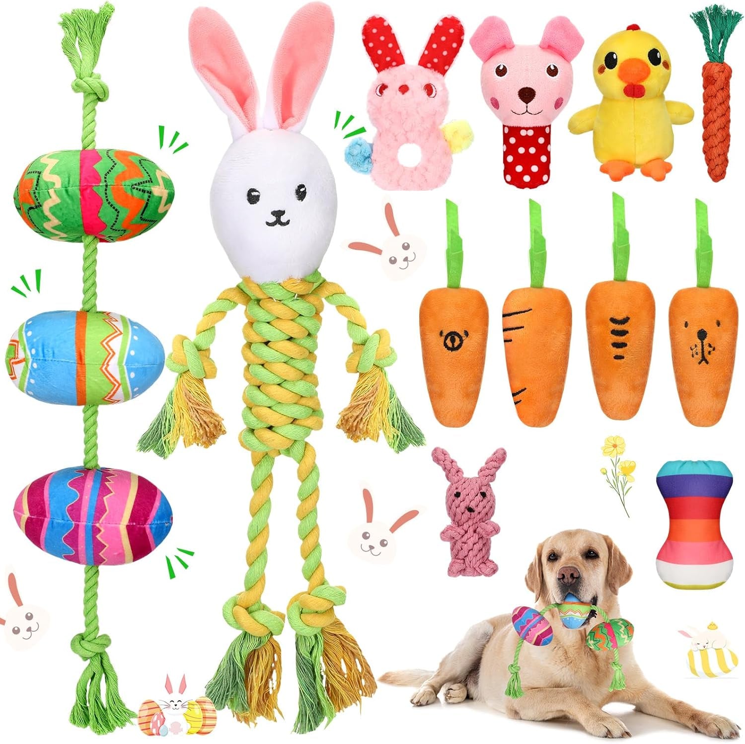 12 Pcs Dog Squeaky Toys Stuffed Carrot Dog Toy Dog Cute Stuffed Animal Puppy Toys, Cute Chew Toys, Pet Toys Dog Plush Toy for Dog Playing Training Teeth Cleaning (Bunny and Egg)