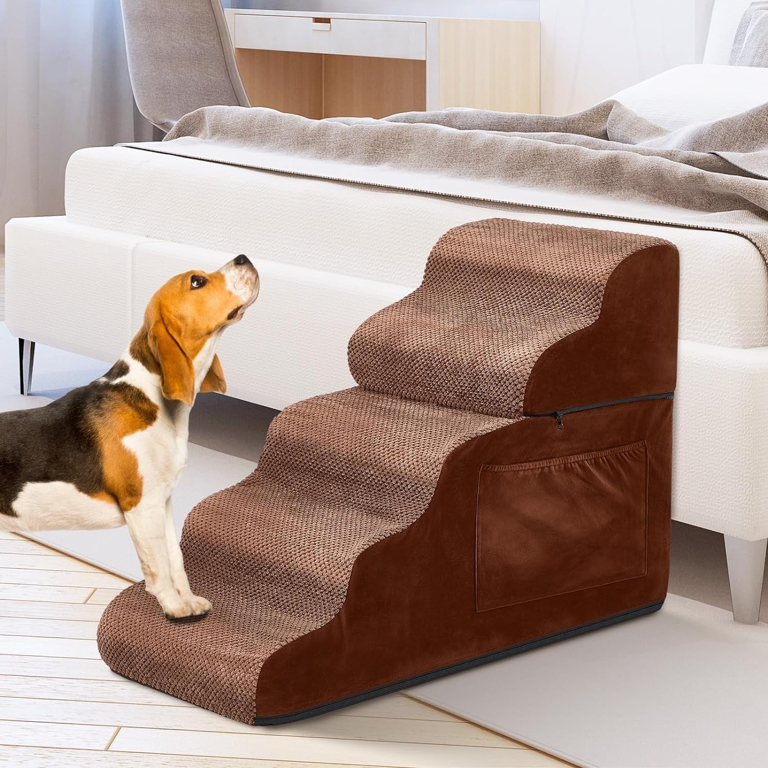 Abbylike Dog Stairs 5 Steps Foam Dog Steps with Removable Cover and Storage Bag 22.6'' High Non Slip Soft Dog Ramp for Bed Easy to up and down Pet Stairs for Bed Sofa Couch, Small Dog (Brown)