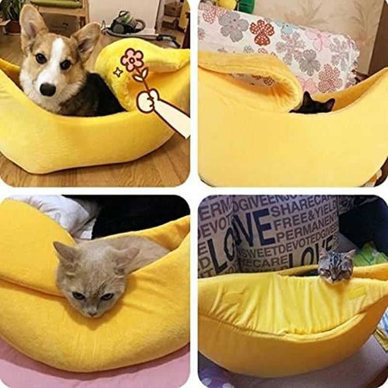 Creative Banana Shape Pet Dog Cat Bed, Cute Banana Bed for Dog Cat Self-Warming Winter Bed Mat Pet Supplies for Puppy Kitten (S)