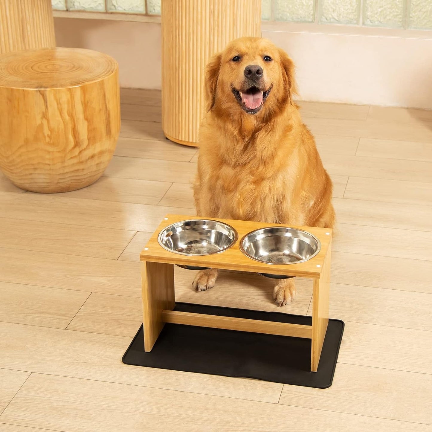 Yangbaga Elevated Dog Bowls, Raised Dog Feeding Station with 2 Bowls, Comes with a Nonslip Pad, Easy to Clean (Bamboo, Large)