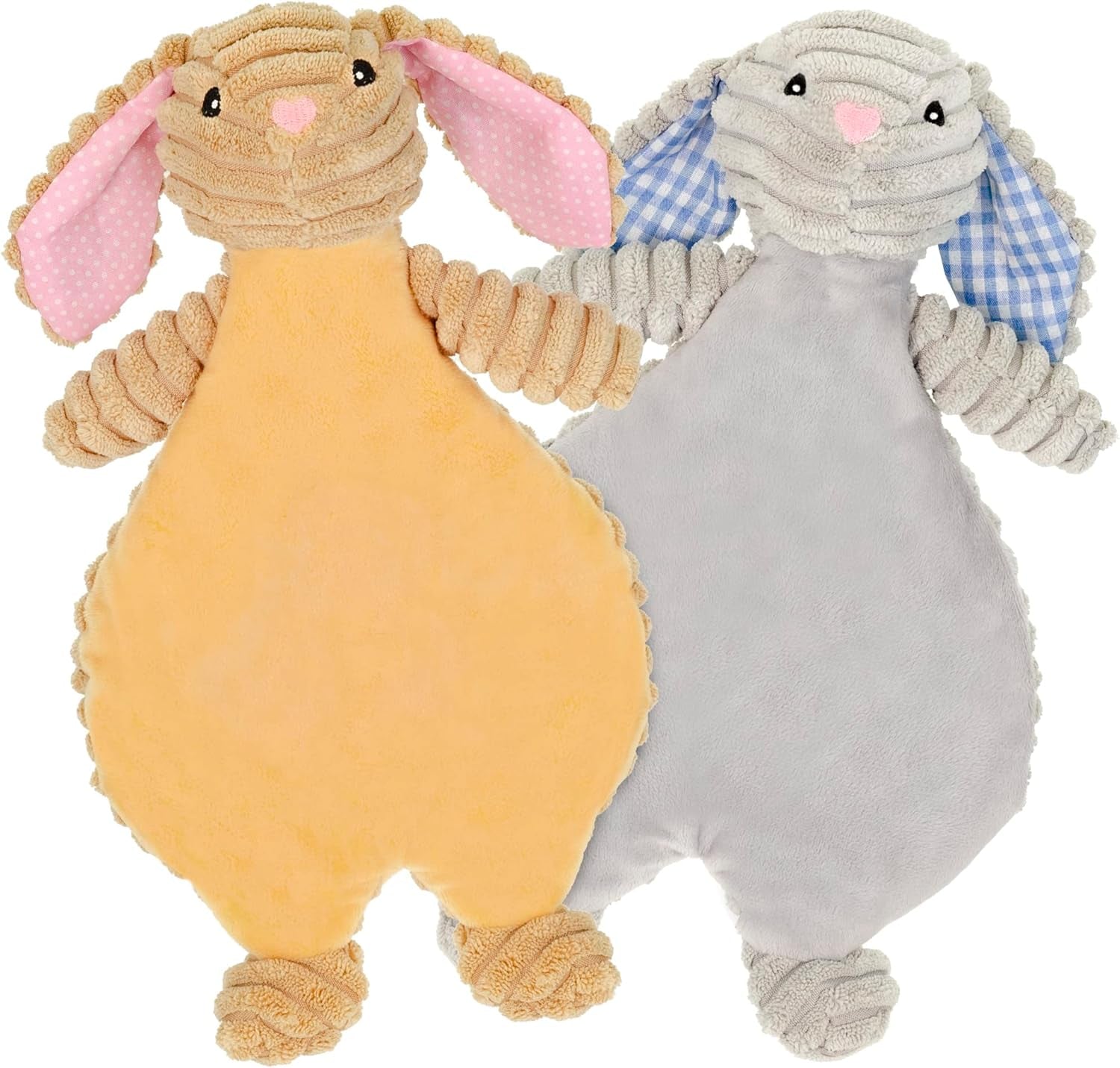 12 Inch Plush Pet Toy Corduroy Bunny Flattie with Squeaker and Crinkle Tan & Gray Dog Chew Toy