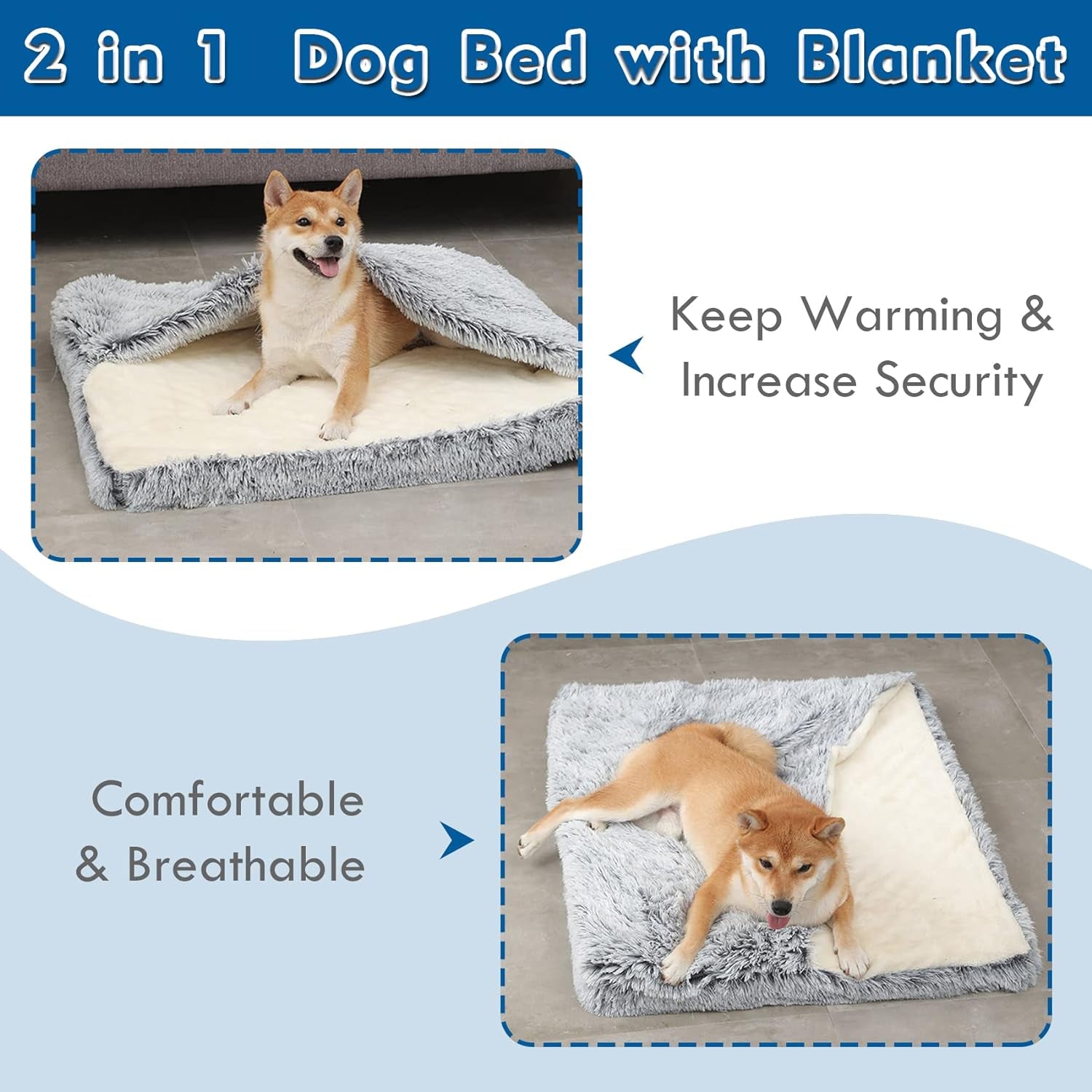 Dog Bed with Cover Cave, Orthopedic Dog Bed with Blanket, 33.5 * 27.6'' Rectangle Pet Crate Bed Cozy Cuddler Mat, Anti-Anxiety Memory Foam Calming Pad for Puppy Cat with Removable Washable Cover