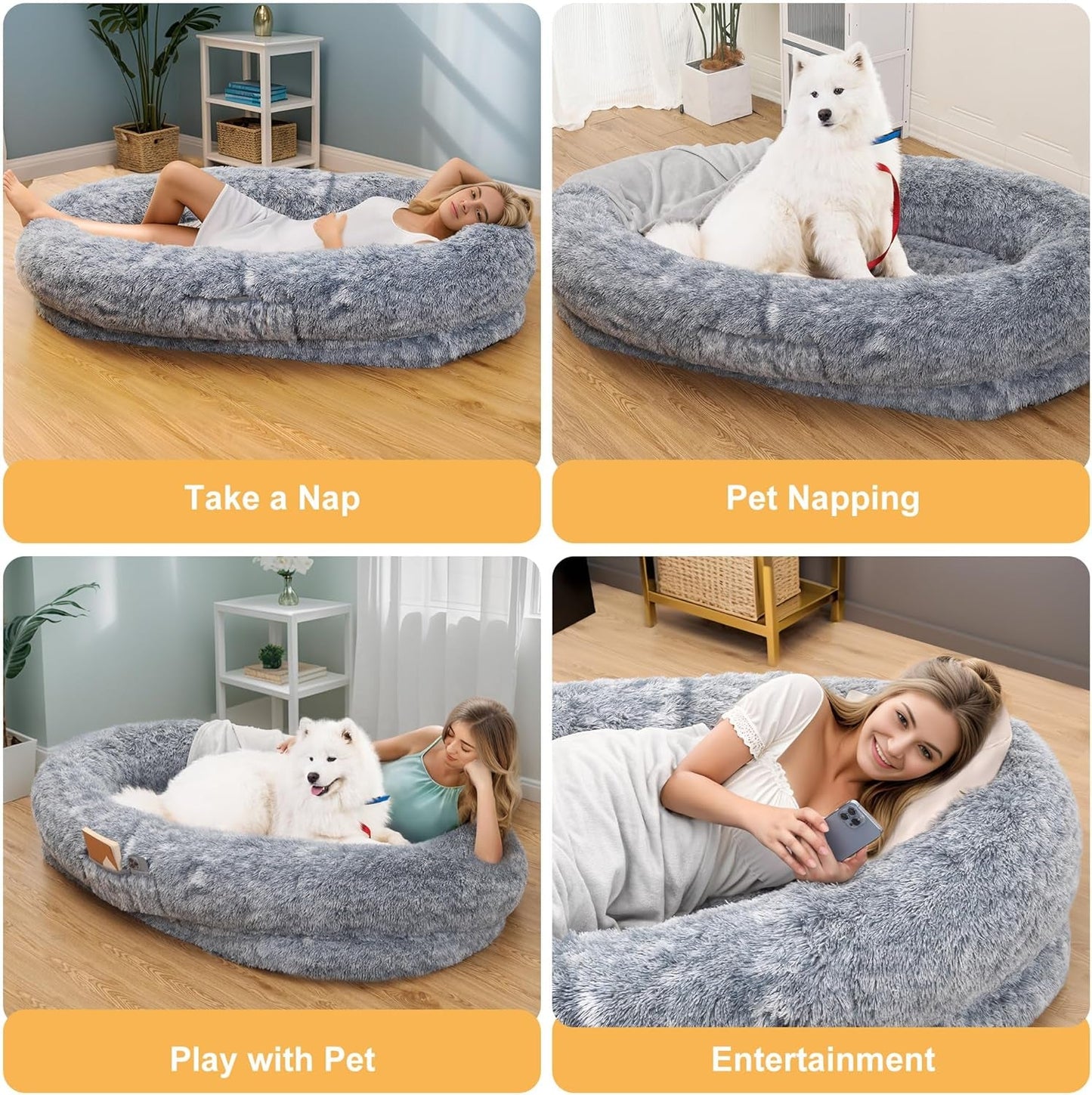 Large Dog Bed, 63" Luxury Human Dog Bed for People Adults with Washable Faux Fur Removable Cover and Waterproof Lining, 3D Memory Foam Dog Bed with Side Pocket and Strap, Gray