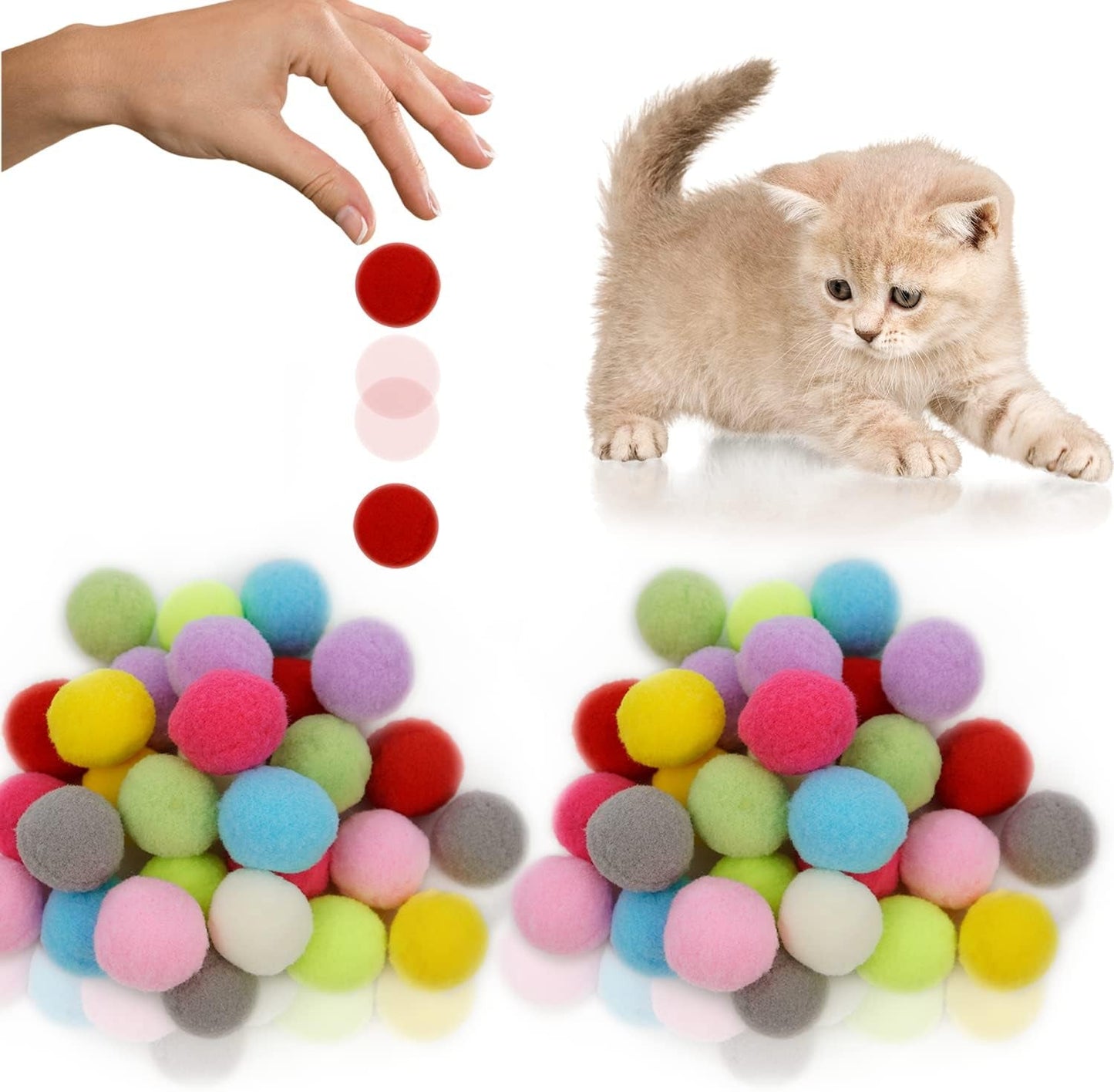 30/60/100Pcs 3Cm Premium Colorful Cat Toy Balls - Soft Kitten Pom Pom Toys - Lightweight and Small Easily Paw for Indoor Cats Interactive Playing Quiet Ball Cats