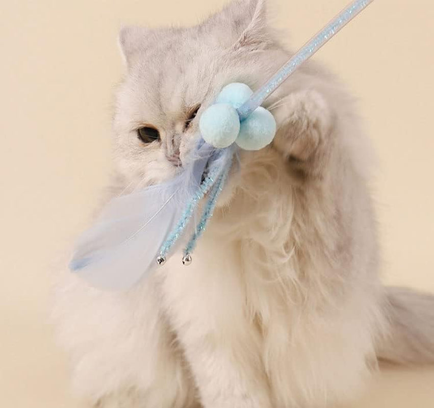 4 Pcs Cat Toy on Stick, Cat Feather Wand Toys, String Cat Toy,Cat Toys for Indoor Cats Blue