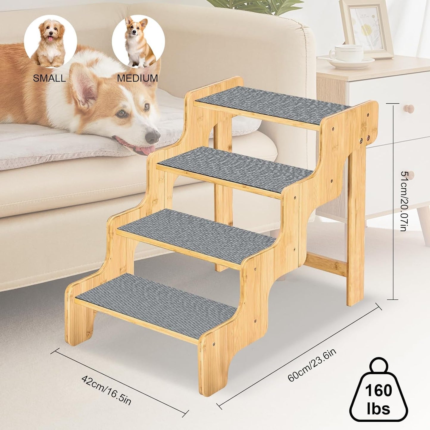 Dog Stairs for High Bed and Couch, Bamboo Dog Steps for Large and Small Dogs, 4-Step Non-Slip Balanced Pet Stairs for Dog/Cat, Wooden Dog Steps for High Beds