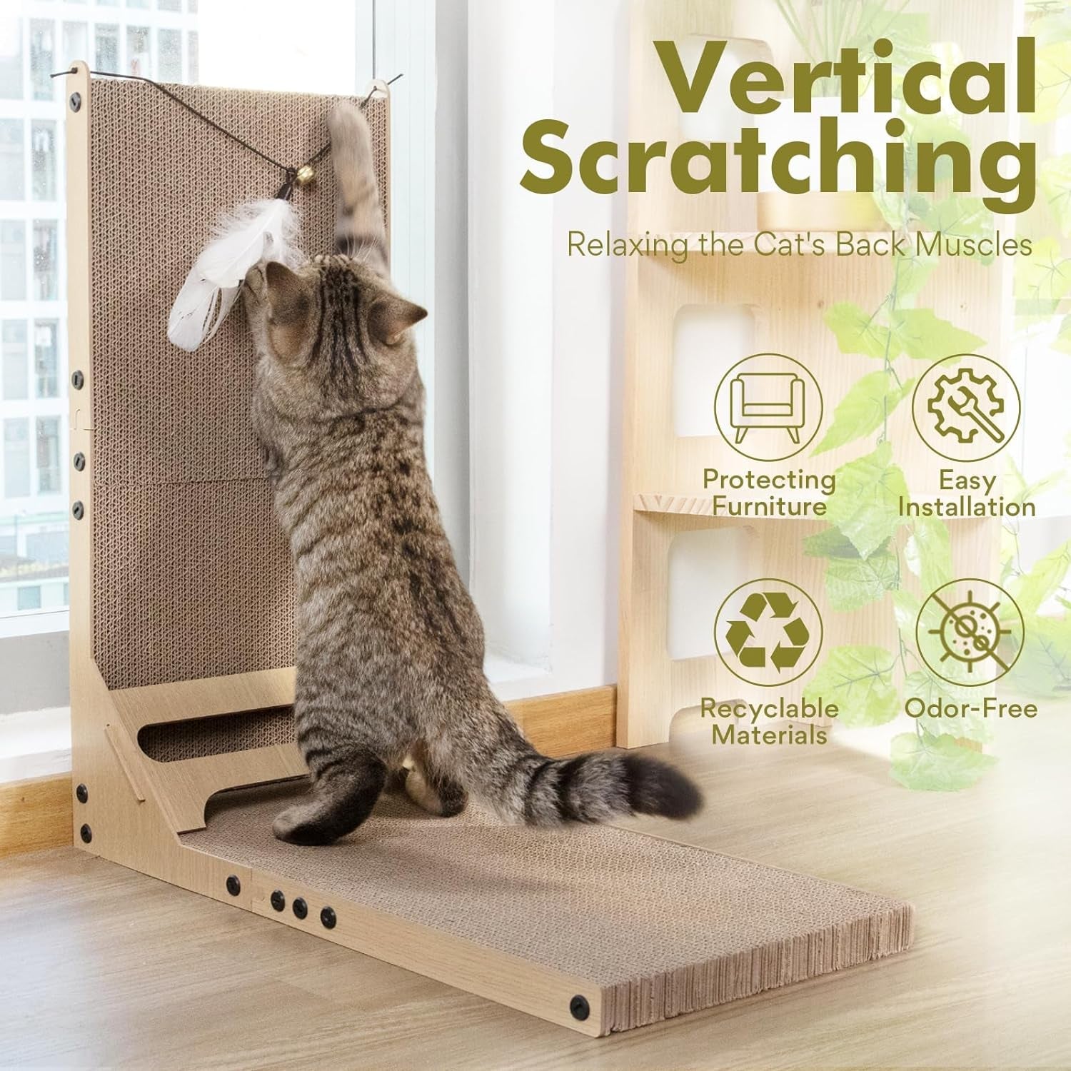 Mora Pets Cat Scratcher, Cat Scratchers for Indoor Cats Cardboard Cat Scratch Pad L Shape Vertical Cat Scratching Board with Ball Feather Toy Catnip Protecting Furniture Large Cat Scratcher