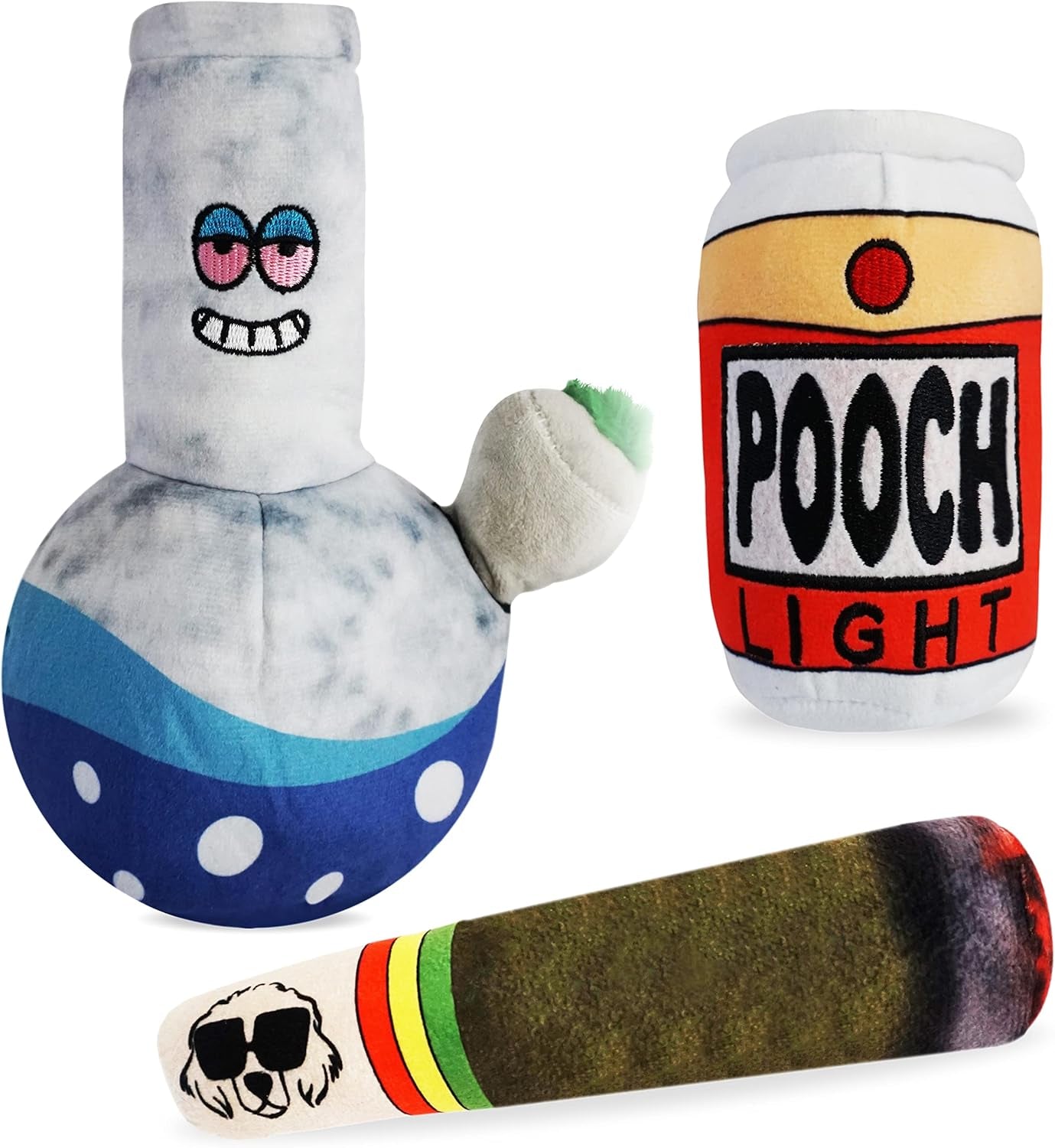 3 Pack Mellow Vibes Dog Plush Chew Toys - Funny Dog Beer and Weed Squeak Toys - Dog Gifts - Joint - Blunt - Marijuana – Pooch Light – Bong for All Breeds