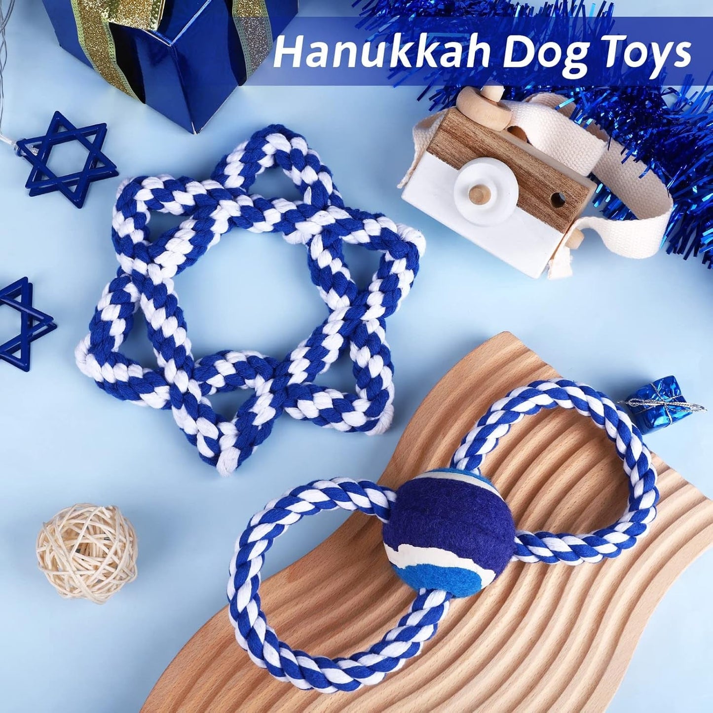 2 Pack Hanukkah Dog Plush Toys Puppy Interactive Stuffed Chew Toys Hexagonal Cotton Rope & Tennis Drawstring Toy for Small Medium Dogs