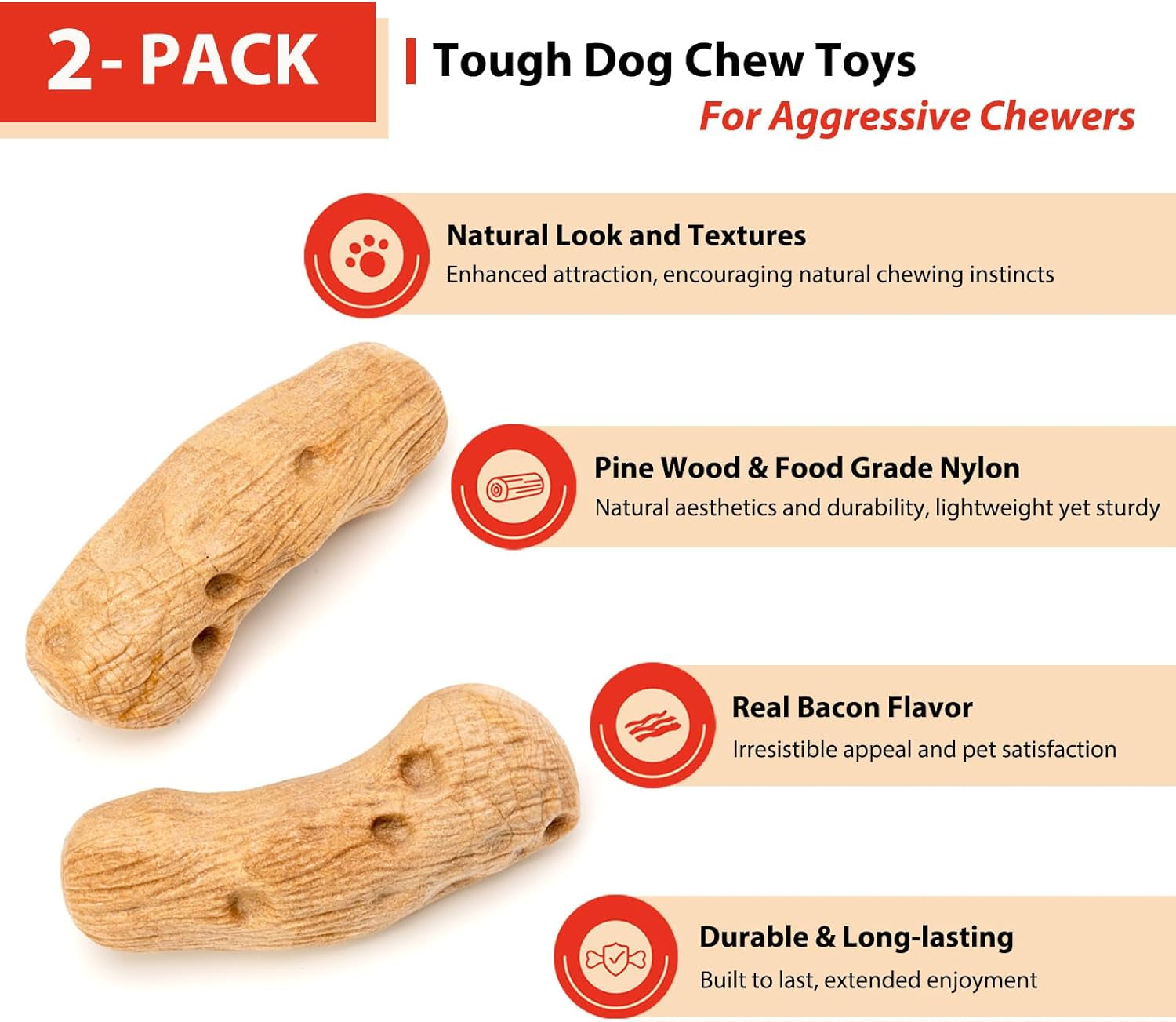 2-Pack Tough Dog Toys for Aggressive Chewers Pine Wood and Nylon Dog Toys for Large Dogs Real Bacon Indestructible Dog Toys to Keep Them Busy