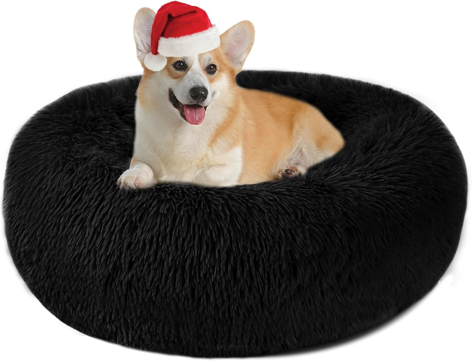 Nepfaivy Calming Dog Cat Bed - round Donut Small Dog Bed, Fluffy Luxury Puppy Bed, Anti-Anxiety Plush Pet Bed Washable, Cozy Soft Self Warming Doggy Pillow Bed, Waterproof Anti-Slip Bottom