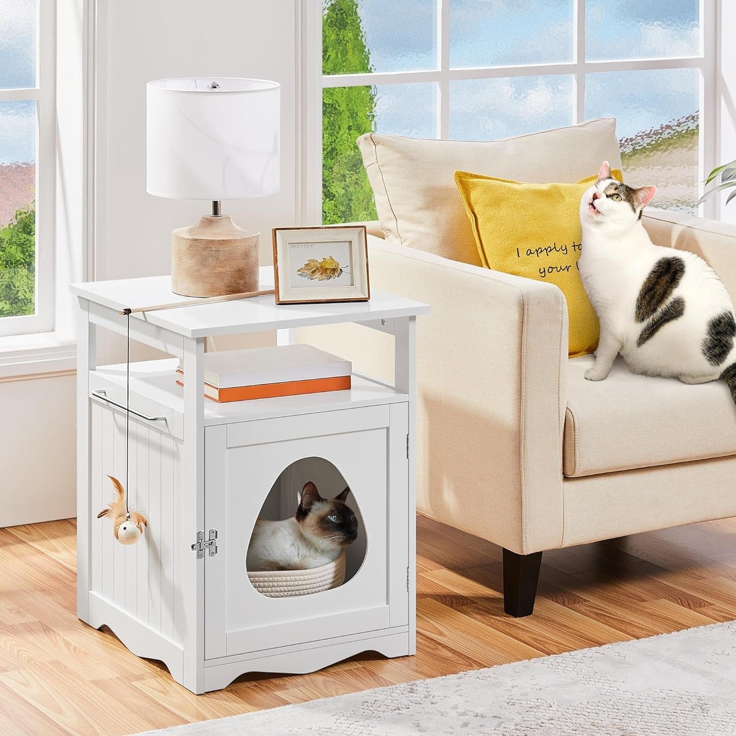 Yaheetech Cat Litter Box Enclosure, Hidden Litter Box Furniture with Open Shelf, Indoor Cat Washroom, Storage Cabinet Pet Crate, Side End Table, Wooden Pet House White