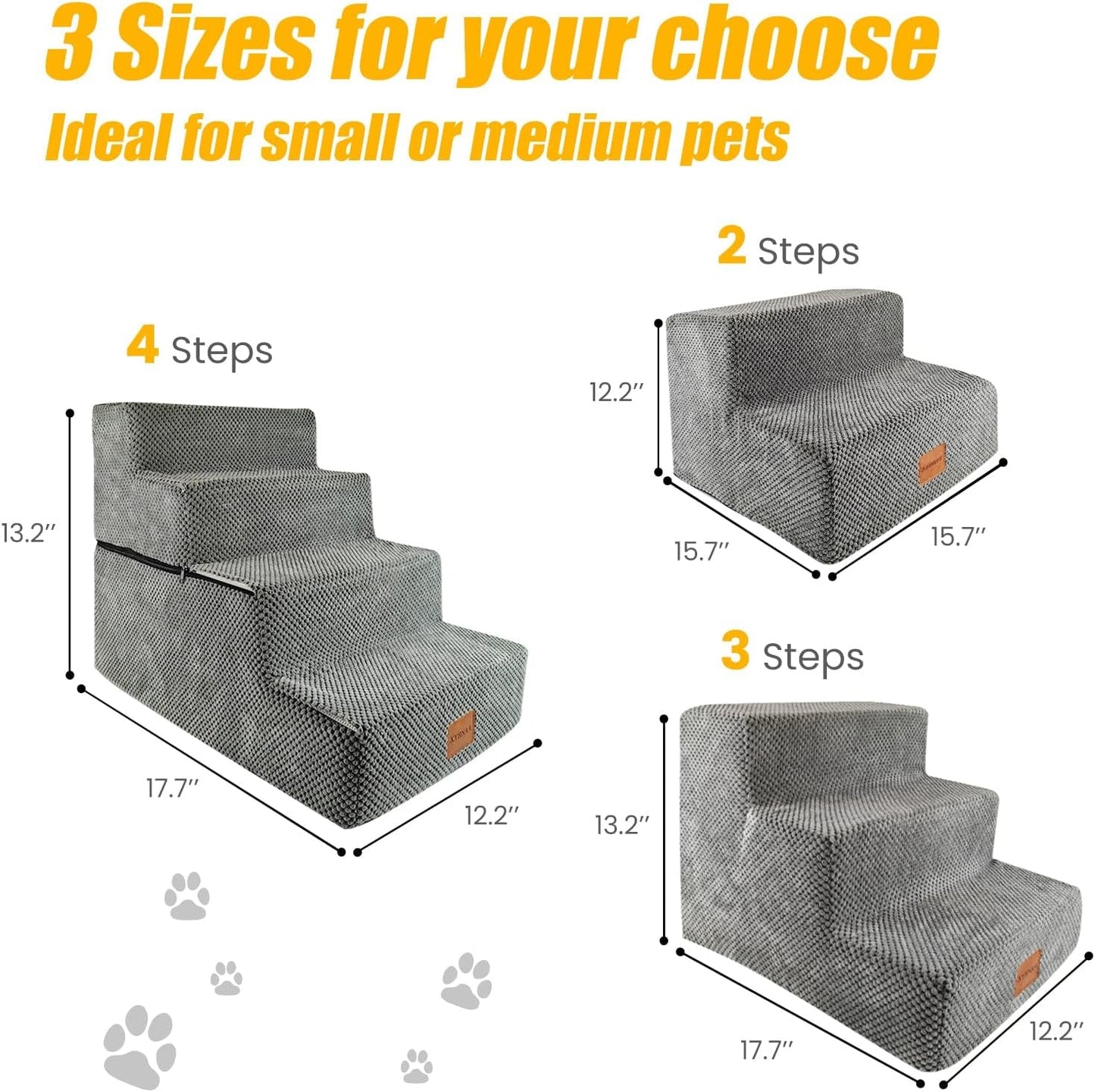 Dog Stairs for Small Dogs, High Density Foam Pet Ramp for Beds Couch Sofa, Non-Slip Soft Dog Steps for Cat and Doggy, Grey, 3 Steps