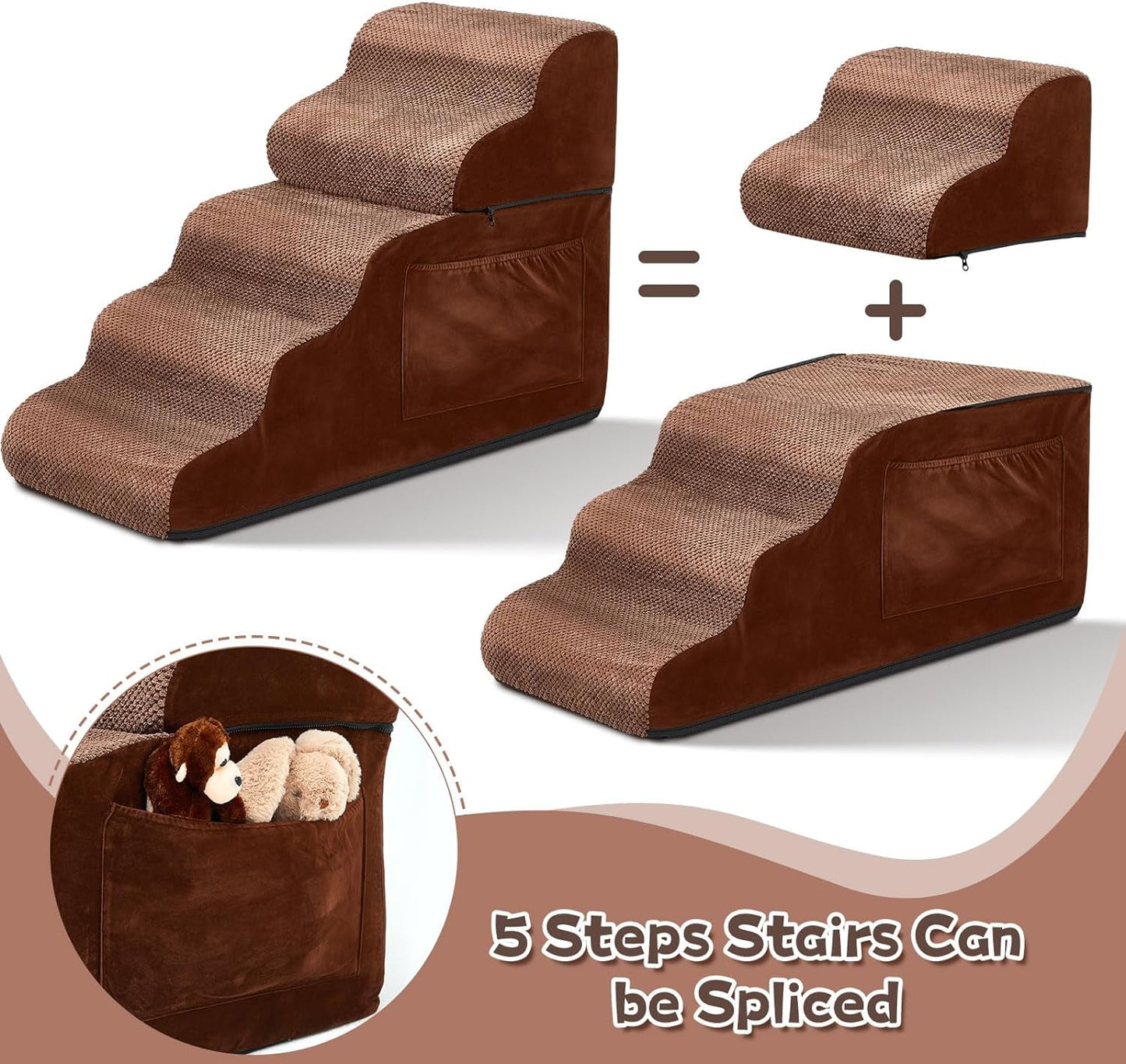 Abbylike Dog Stairs 5 Steps Foam Dog Steps with Removable Cover and Storage Bag 22.6'' High Non Slip Soft Dog Ramp for Bed Easy to up and down Pet Stairs for Bed Sofa Couch, Small Dog (Brown)