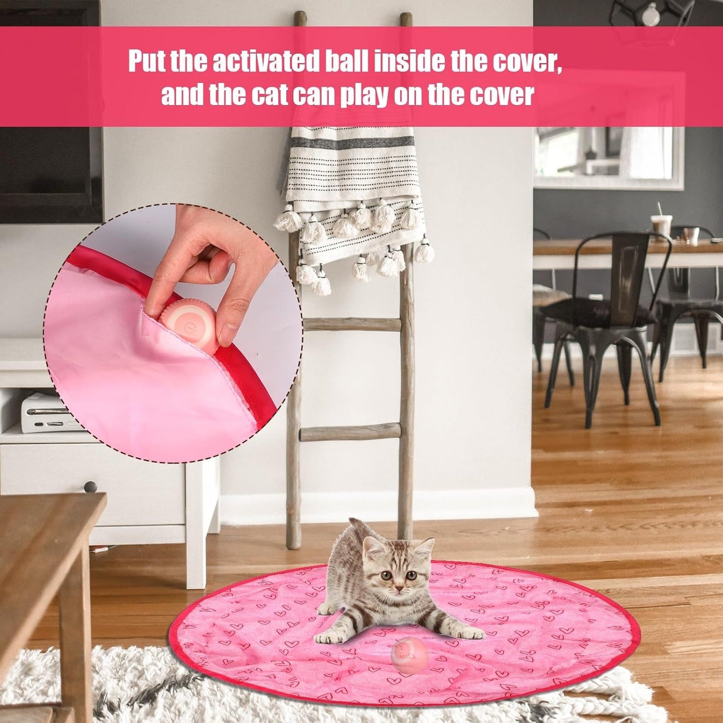 2Pcs Interactive Cat Toy Ball under Mat, 2 in 1 Automatic Guitar Cat Game Pink Kitten Exercise Toy Cover Interesting Birthday Gift for Indoor Playing Hunting Kitty Hide and Seek